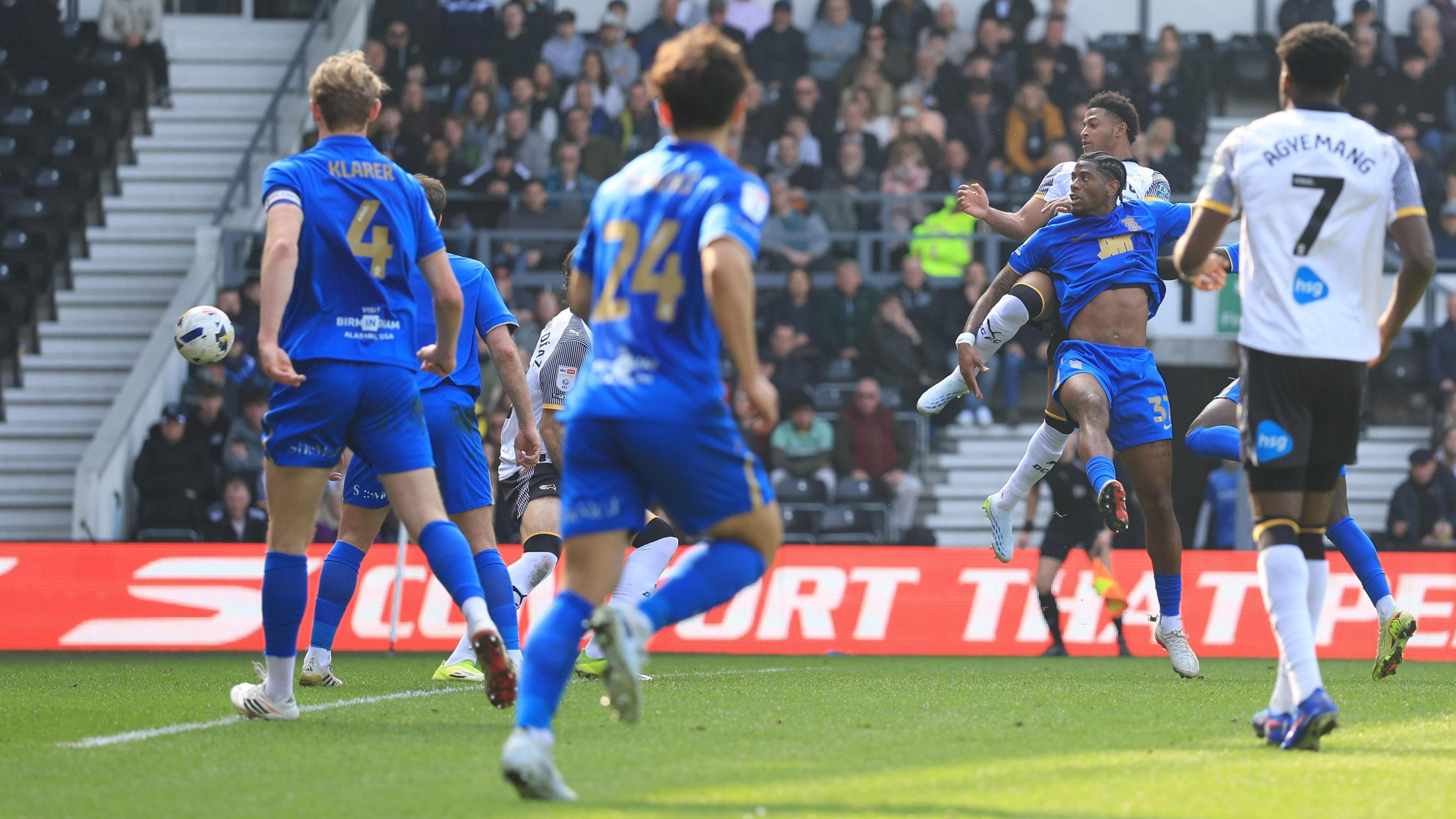 Derby County's Rhian Brewster (third right) scores with a header against Birmingham City