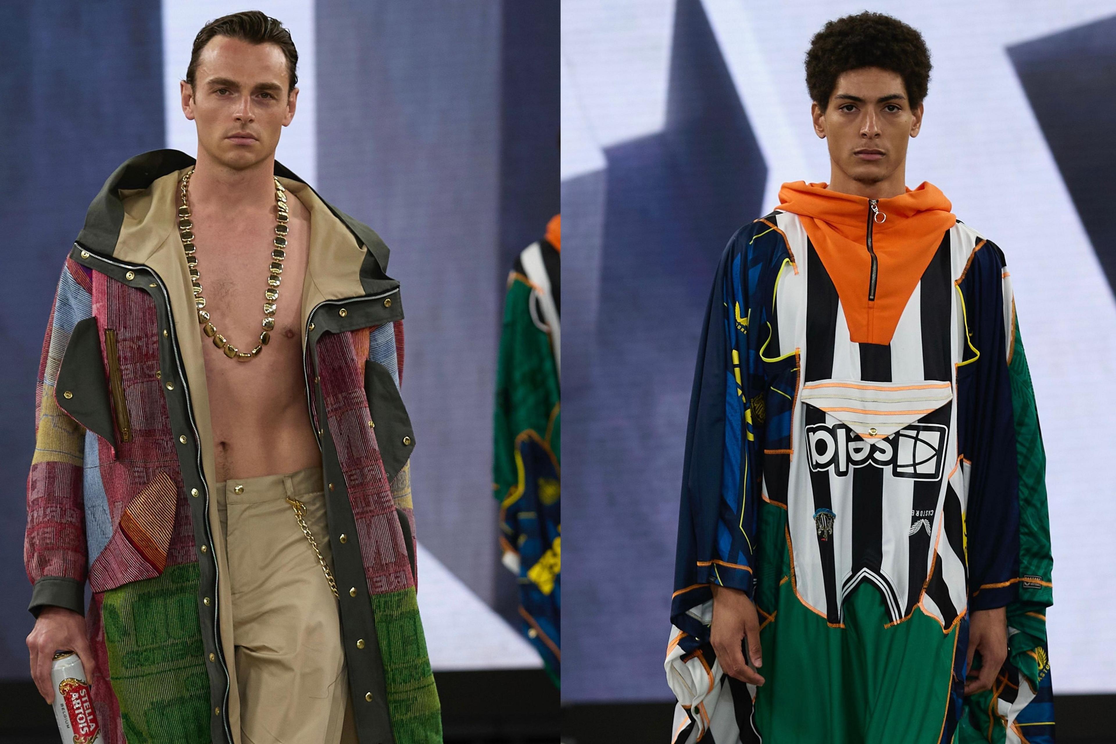 Two male models walking down the catwalk, both wearing garments made from vintage sportswear. The one on the left is wearing a jacket made of vintage scarfs and is holding a can of beer. The one on the right is wearing a repurposed Newcastle United shirt as a cape.