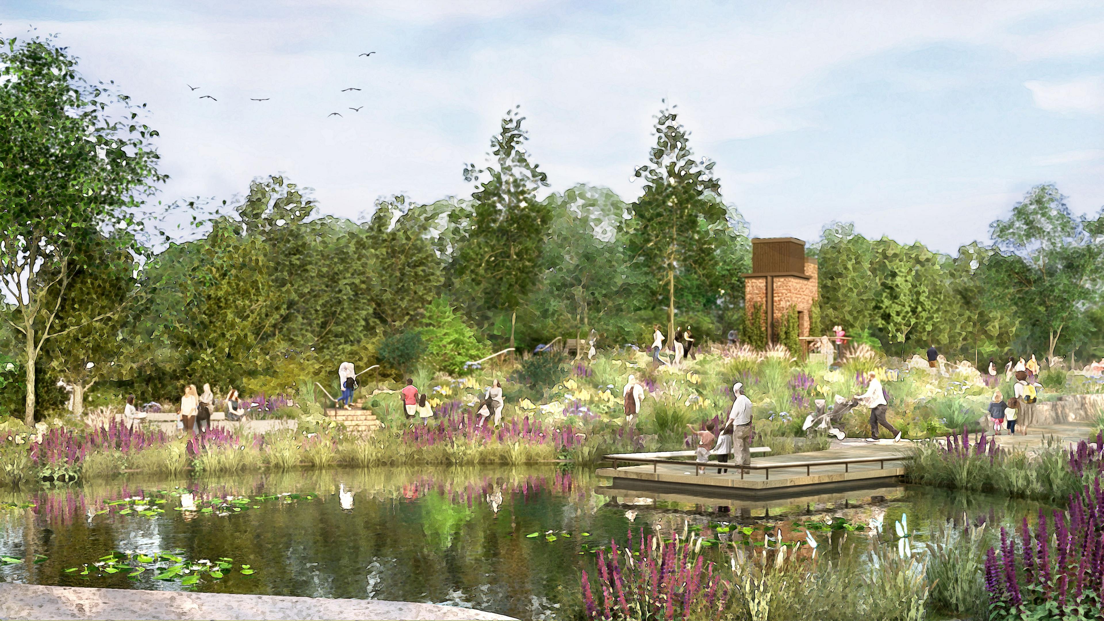An artist impression of a garden dedicated to Queen Elizabeth II. A large expanse of water is surrounded by a path and colourful flowers.