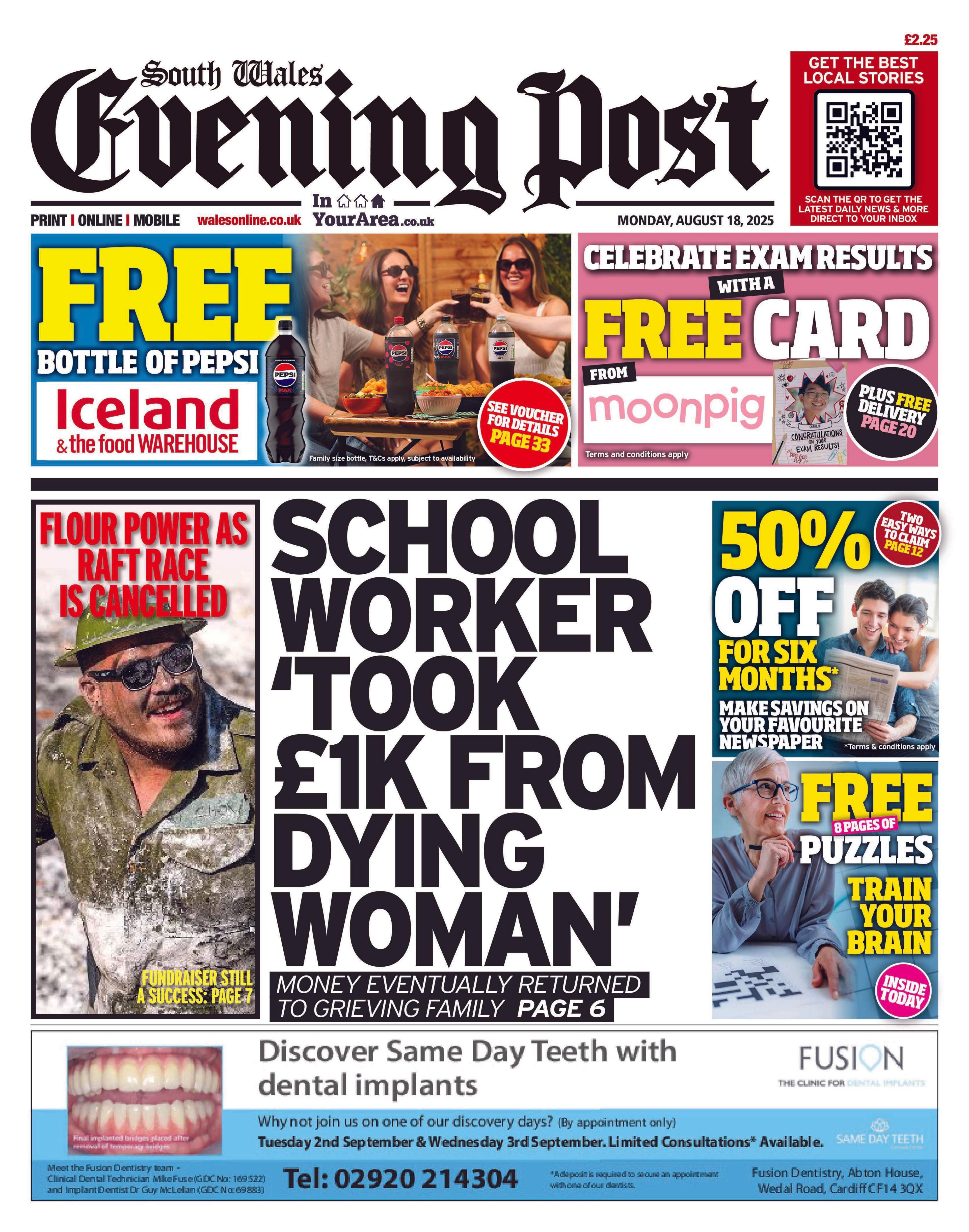 South Wales Evening Post, the main headline which reads "School worker 'took £1k from dying woman' 
