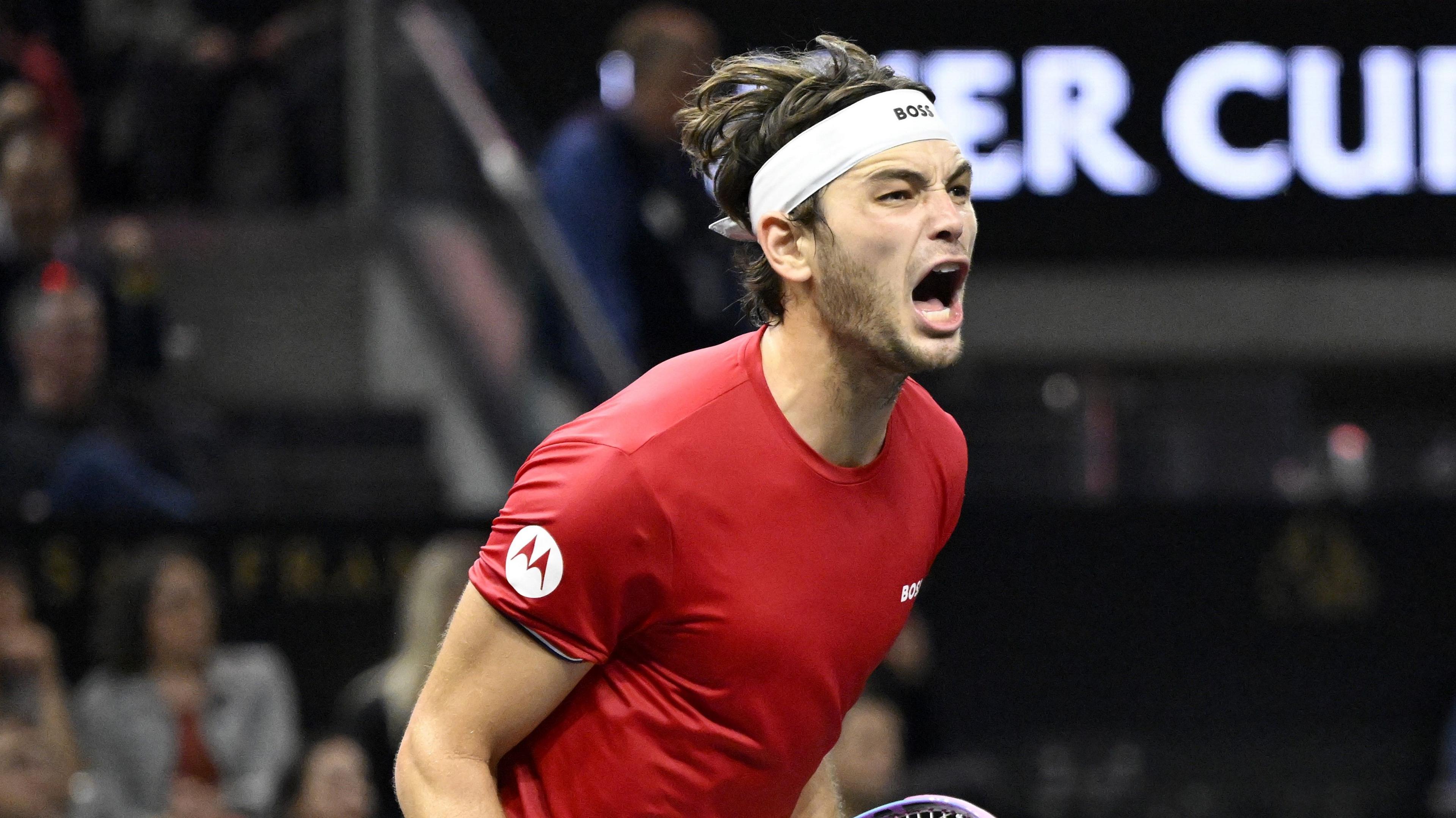 Taylor Fritz celebrates beating Carlos Alcaraz while playing for Team World at the Laver Cup in San Francisco