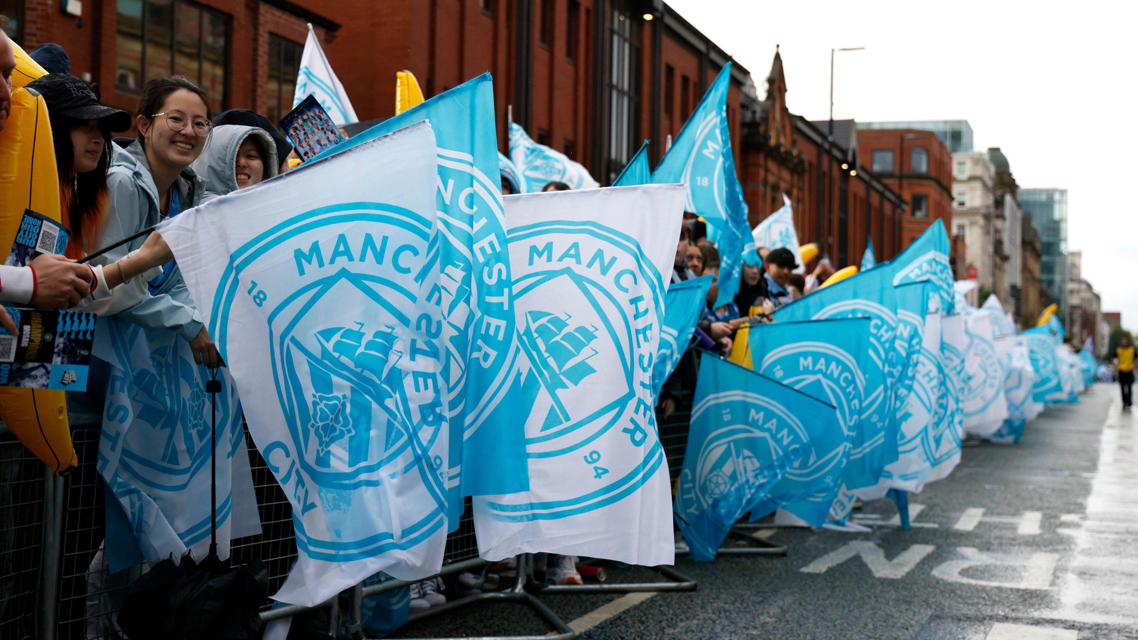 Manchester City flags along Deansgate