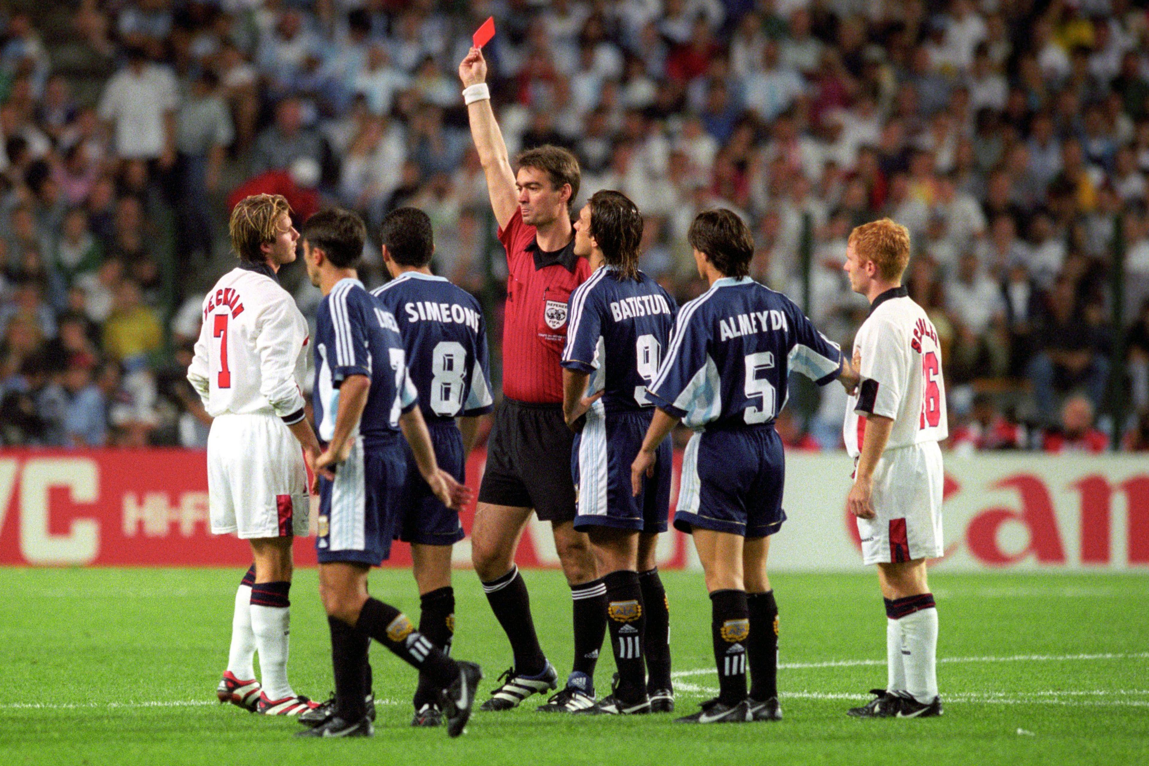 David Beckham is shown a red card against Argentina at the France 1998 World Cup