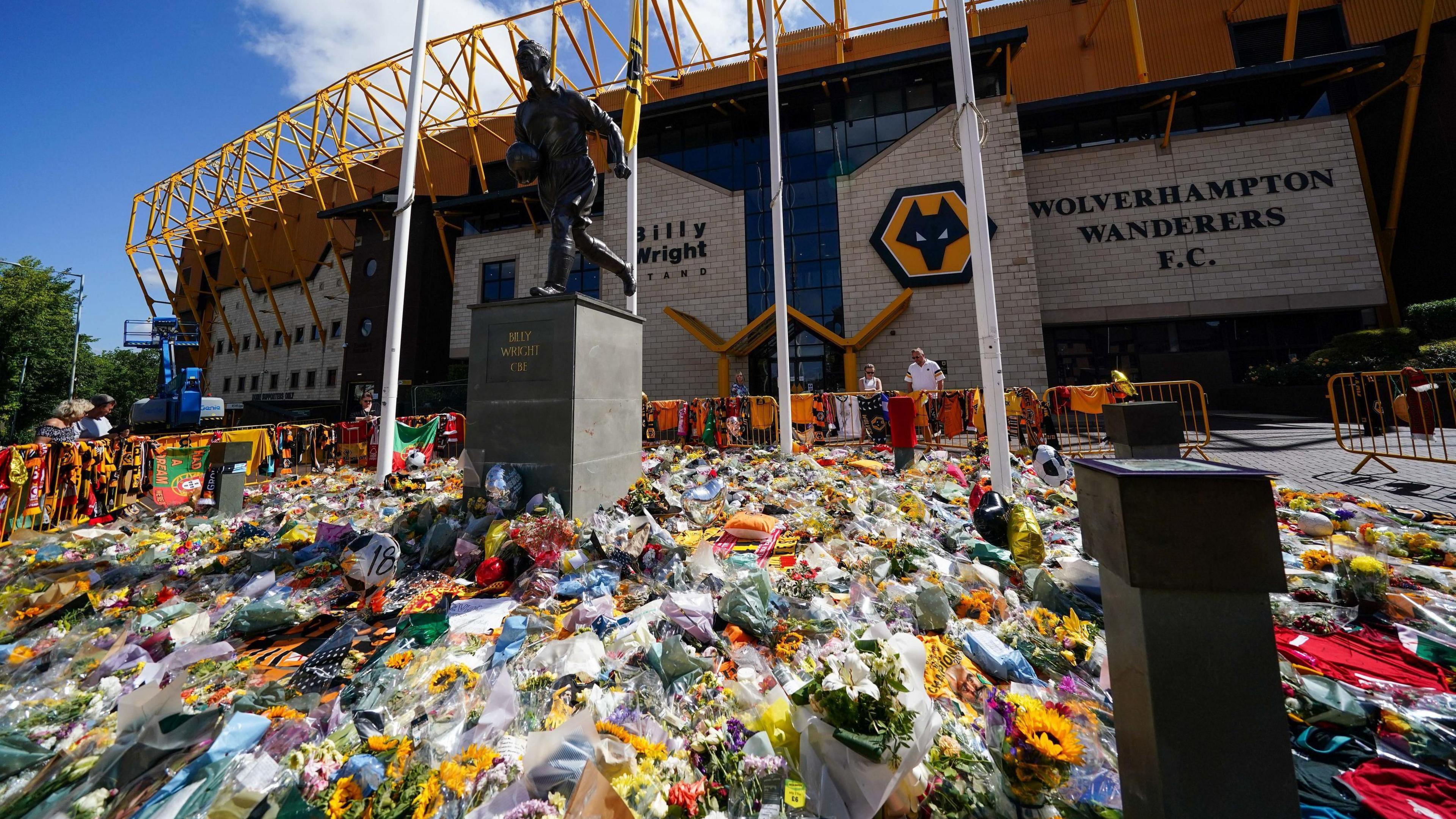 Tributes for Diogo Jota and his brother Andre Silva outside the Molineux stadium of Wolverhampton Wanderers