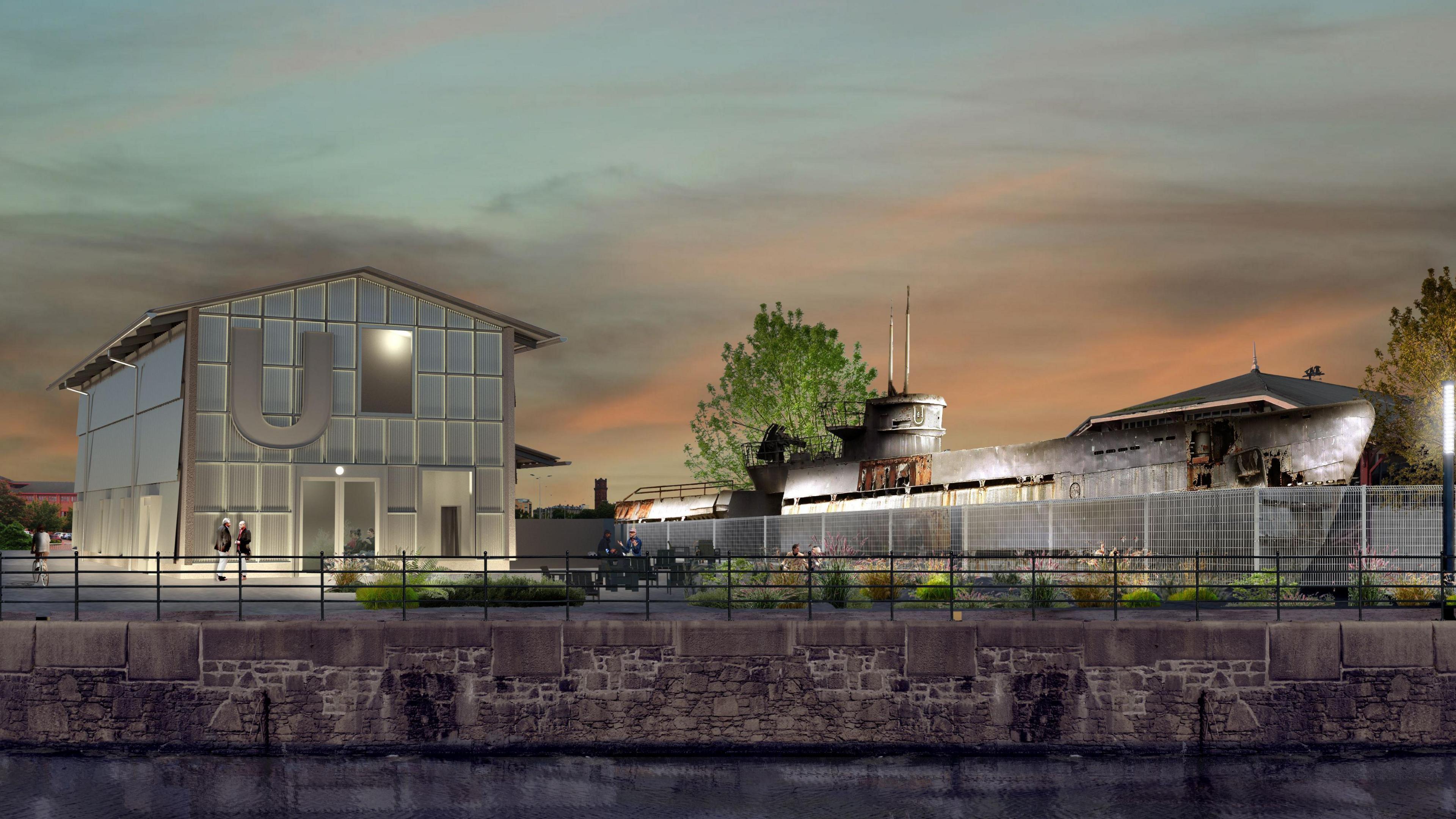 Artist's impression of how the new U-Boat museum will look. The visitor centre will stand on the banks of the River Mersey, next to the submarine.