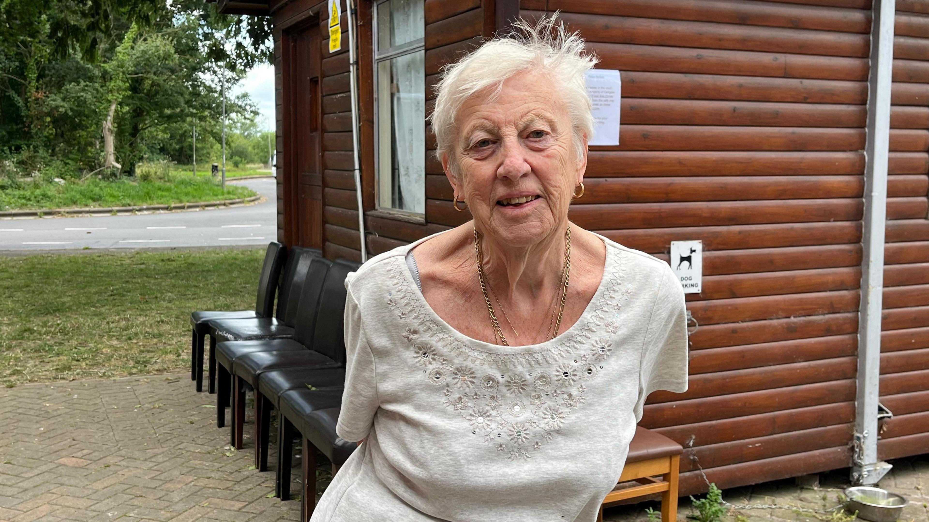 Jenny Essom wearing a white blouse, gold hoop earrings and gold layered necklaces. She has short white hair and is smiling at the camera. Behind her is the wooden clad lodge and the A303 road.