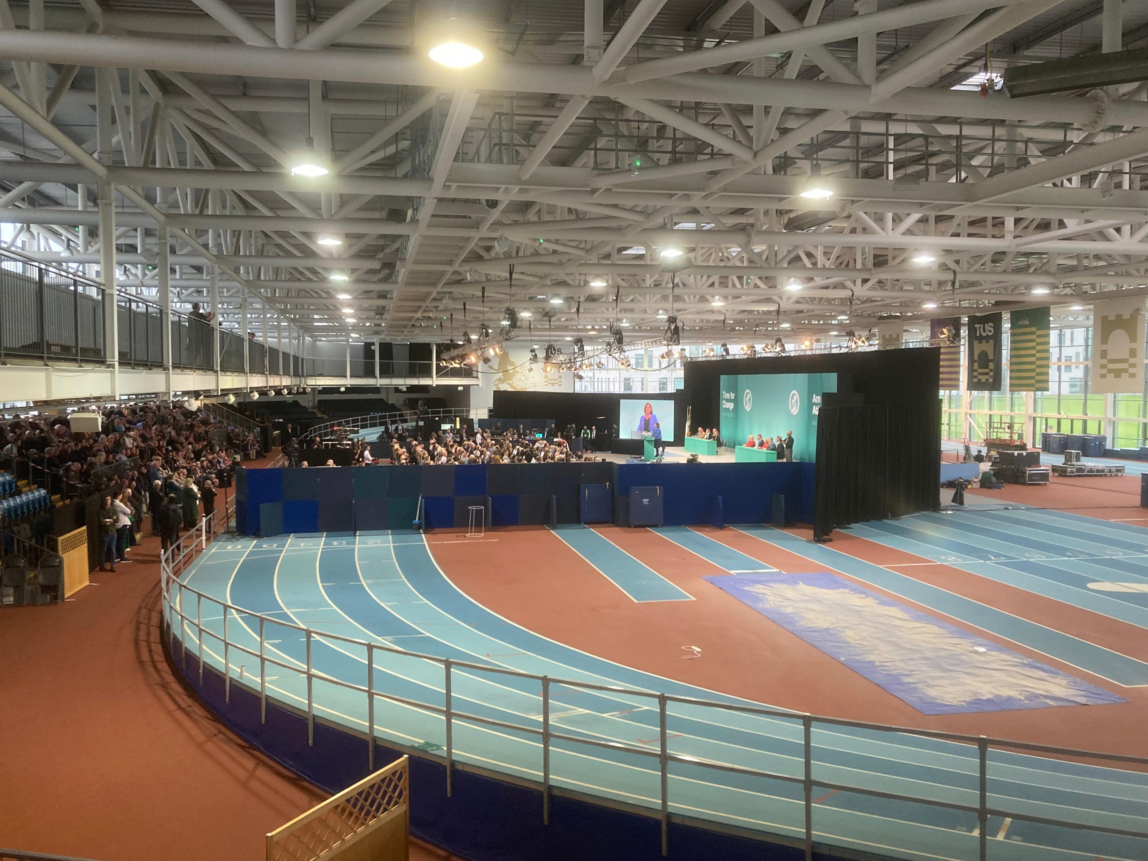 Interior view of the  indoor athletics arena at the Technological University of the Shannon in Athlone where Sinn Féin is holding its ard fheis