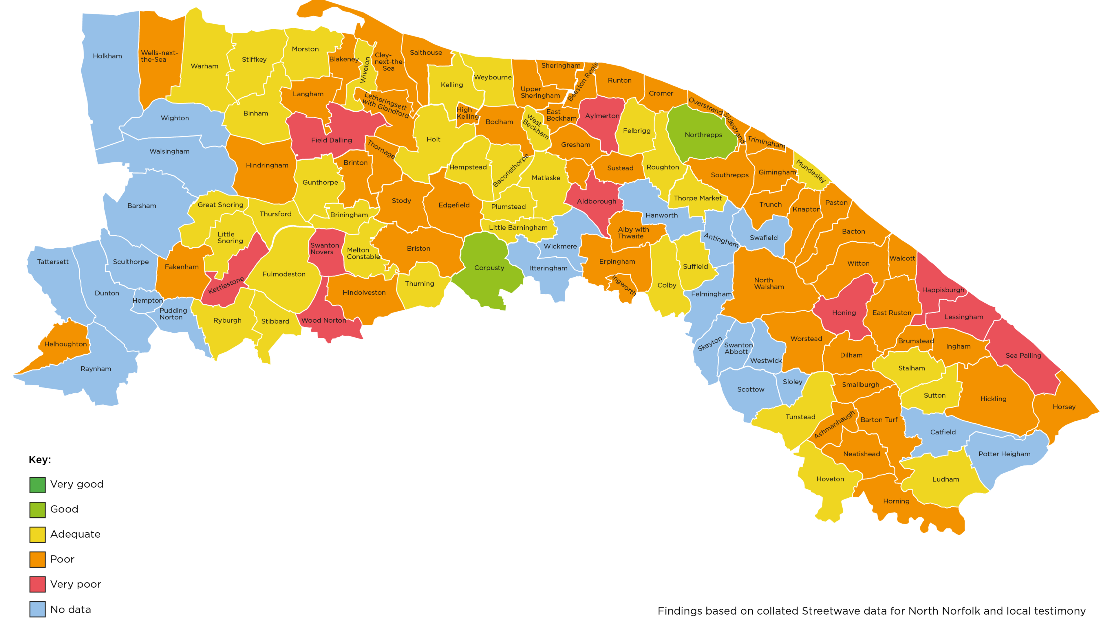 A map highlighting the dozens of different areas covered by North Norfolk District Council. Just two are coloured green - to highlight "good" quality coverage. The rest are almost evenly split in yellow, orange, red and blue - representing "adequate" quality down to "no data".