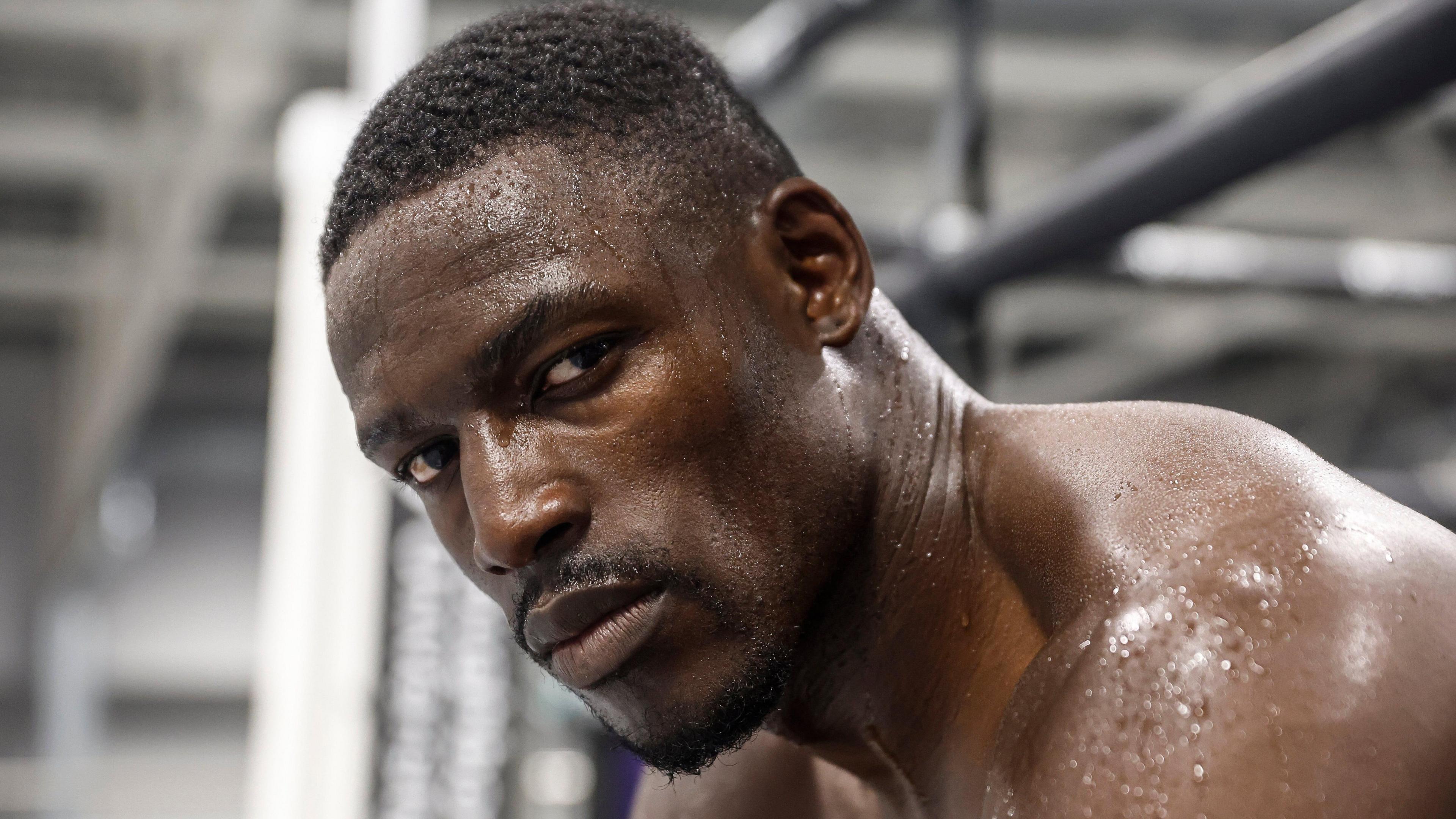 Richard Riakporhe looks at the camera during a training session