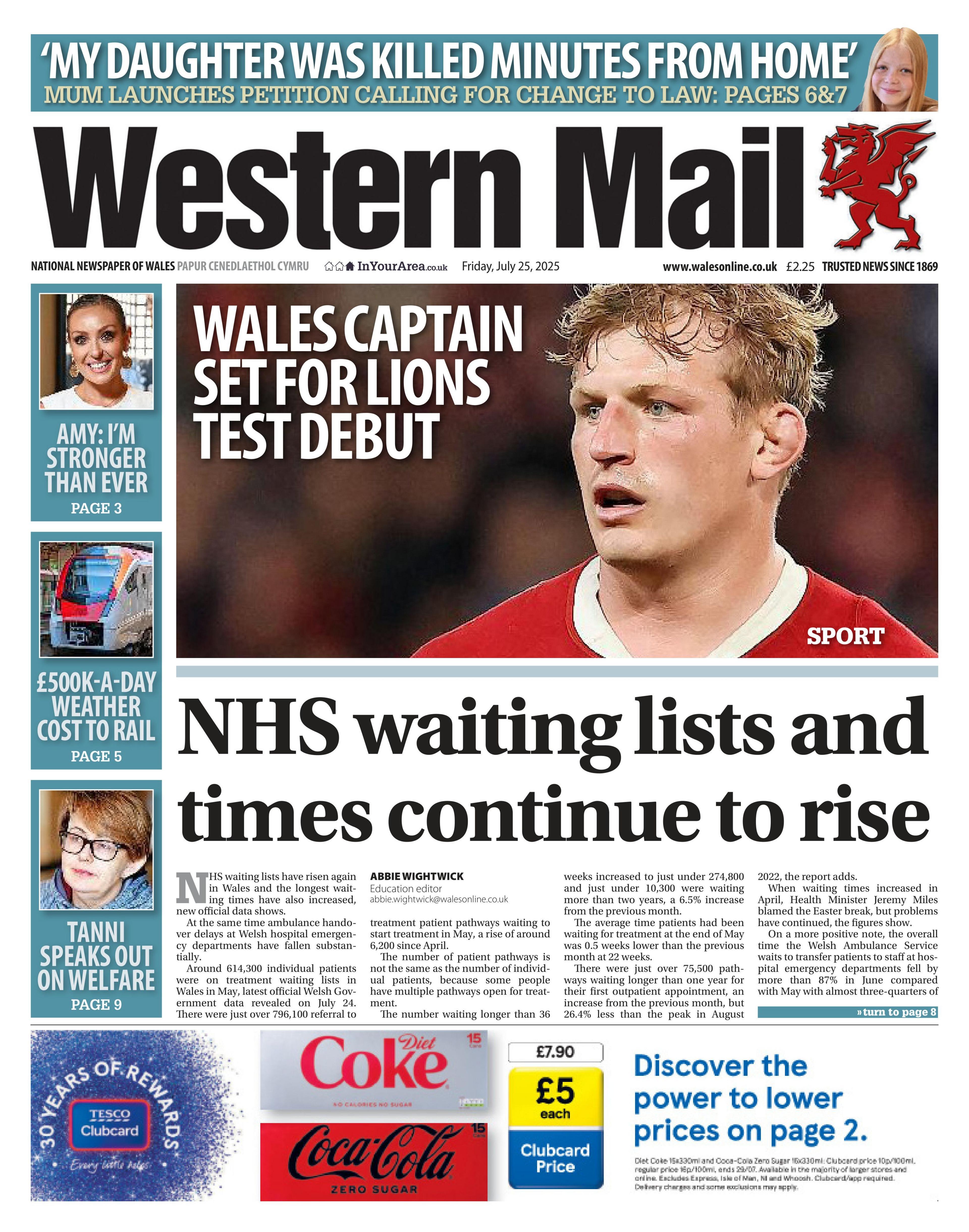 Main headline: NHS waiting lists and times continue to rise. Other headline: Wales captain set for Lions test debut. It sits to the left of an image featuring Jac Morgan during a rugby match playing for Wales.
