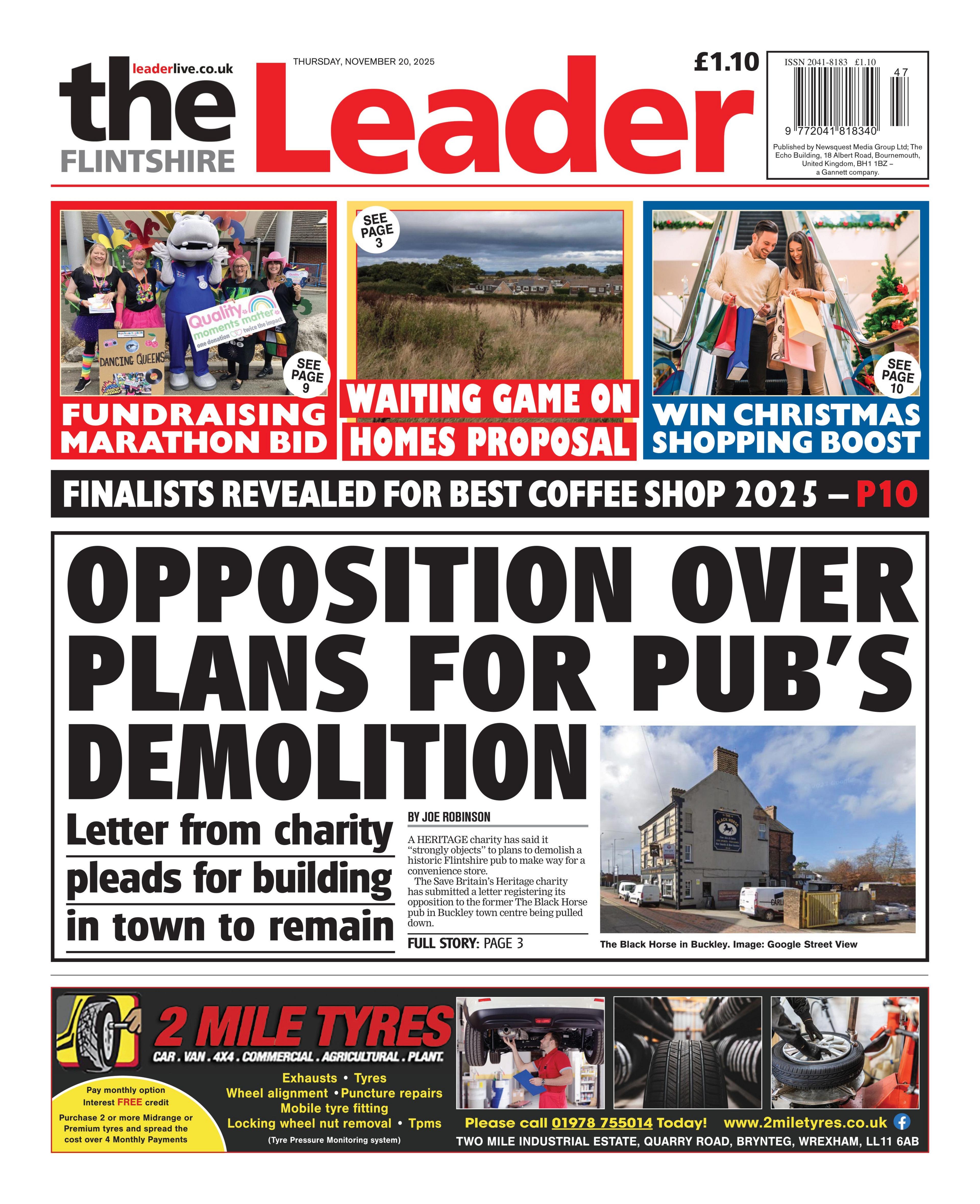 The front page of the Flintshire Leader. Main headline is "Opposition over plans for pub's demolition" with an image of The Black Horse in Buckley. 