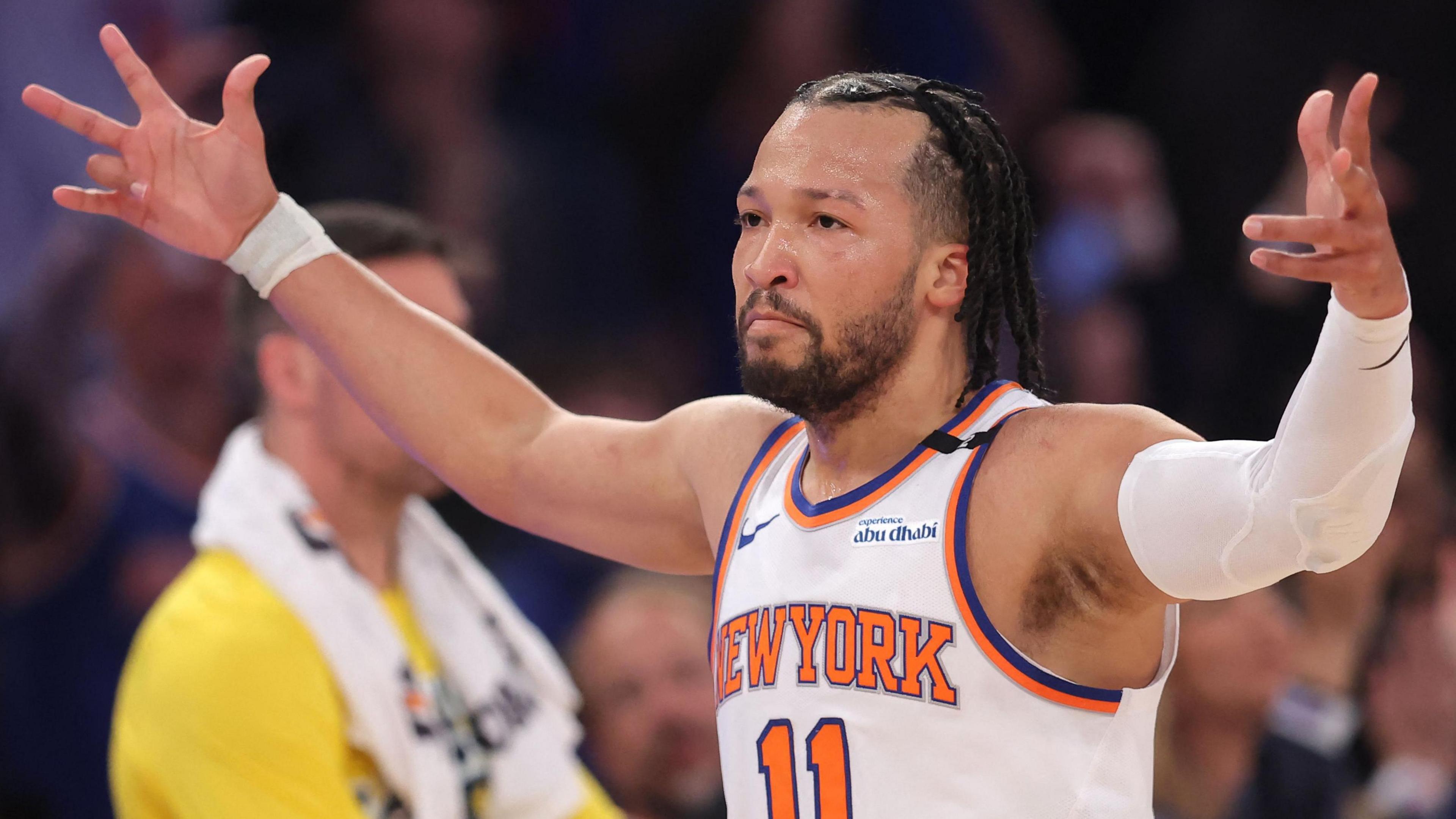 Jalen Brunson celebrates scoring a three-pointer for the New York Knicks against the Indiana Pacers