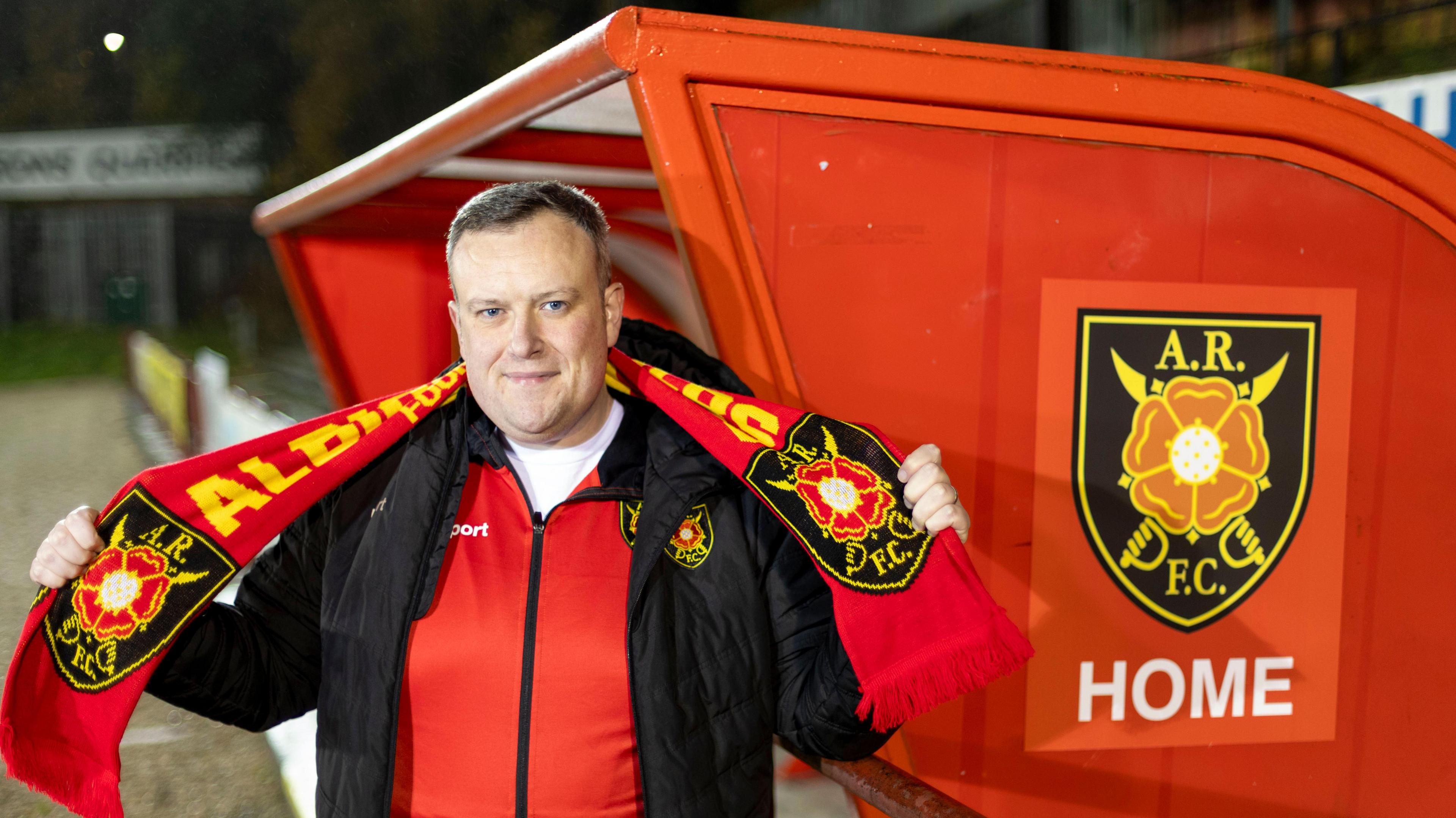 Duncan McKay, who will manage Albion Rovers this weekend, pictured at Cliftonhill dugout with a scarf