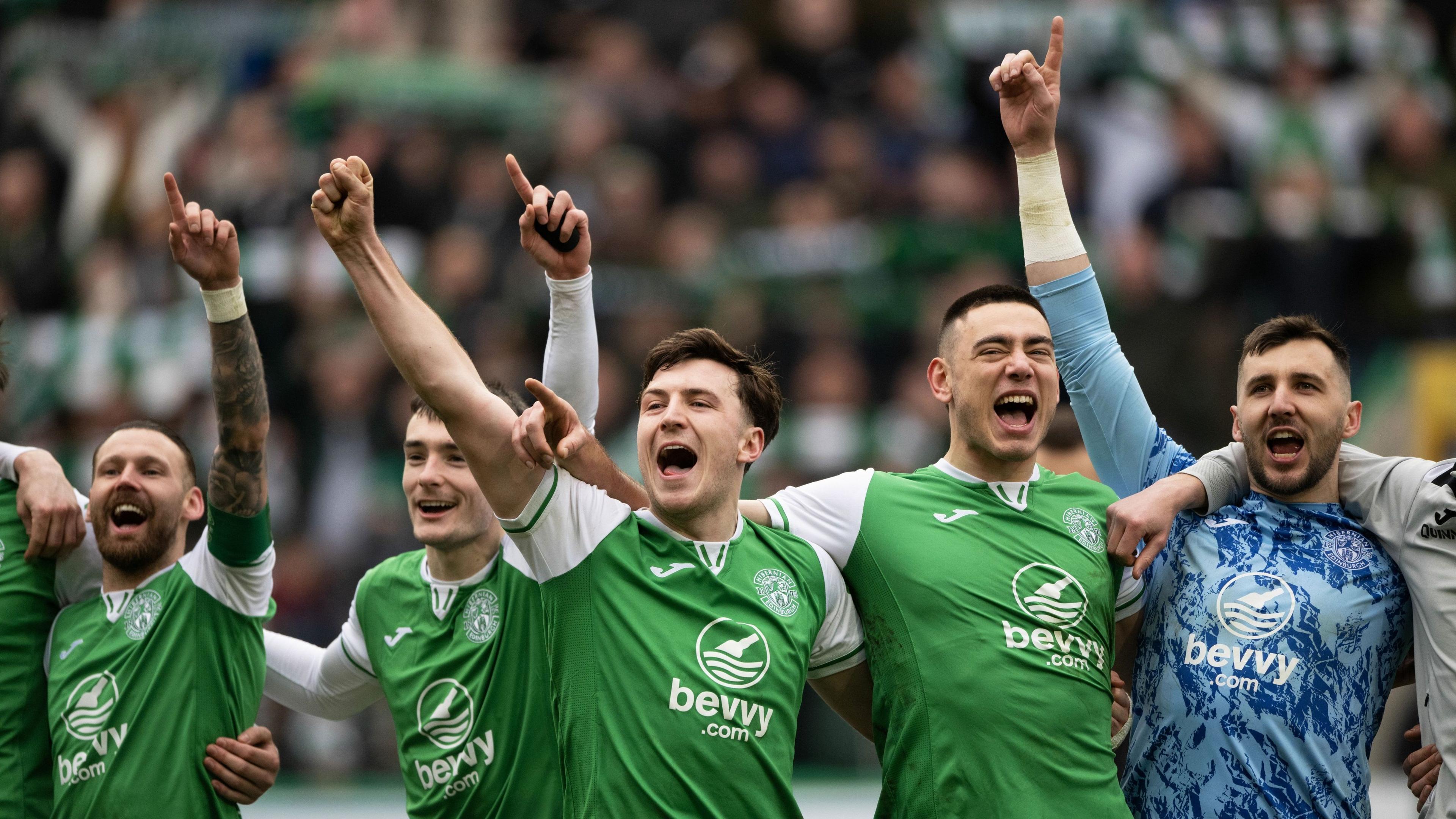 Hibs celebrate after beating Celtic at Easter Road