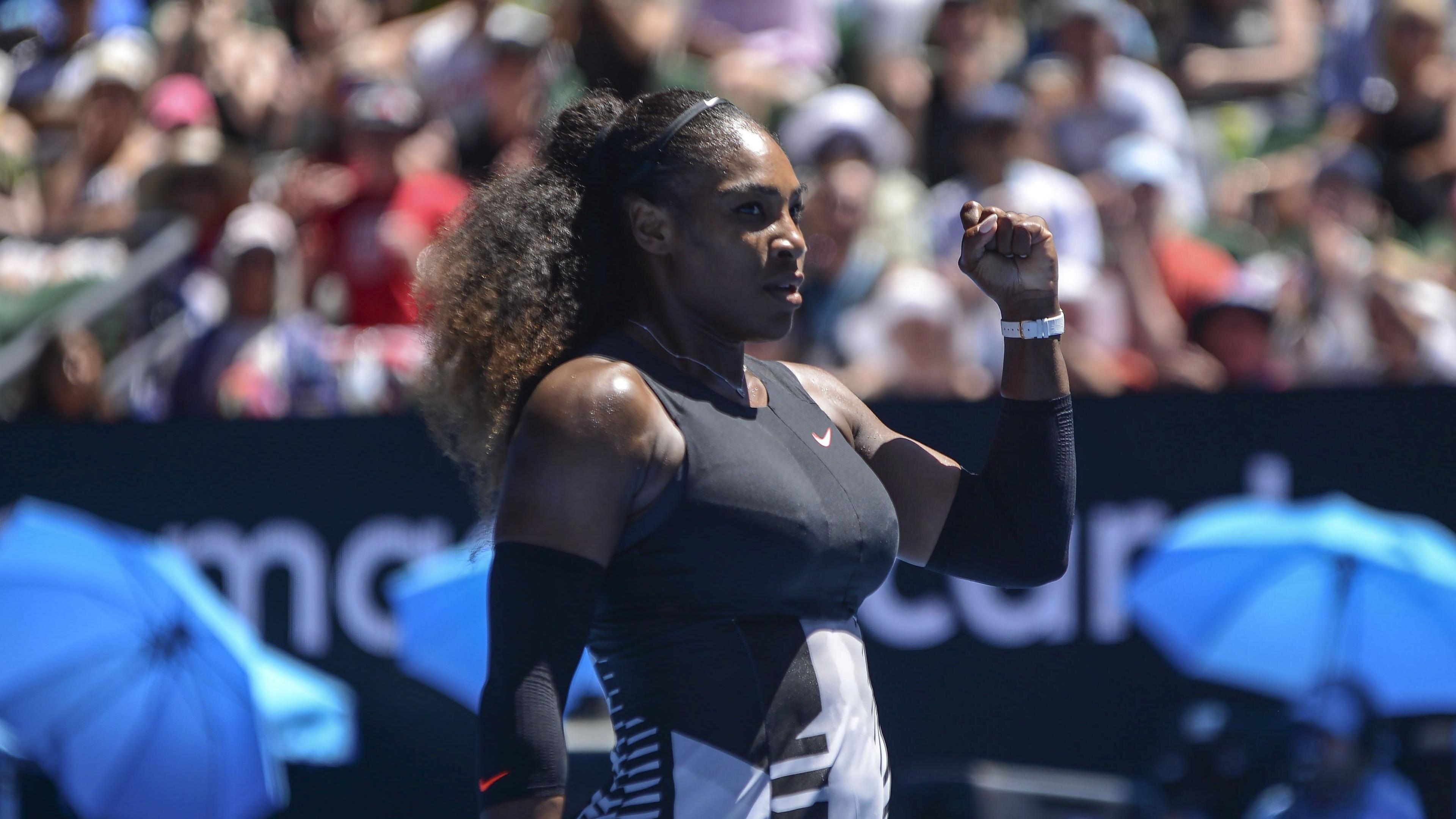 Serena Williams of USA reacts in her women's singles match against Johanna Konta (not seen) of Great Britain during the Australian Open at Margaret Court Arena in Melbourne, Australia in 2017