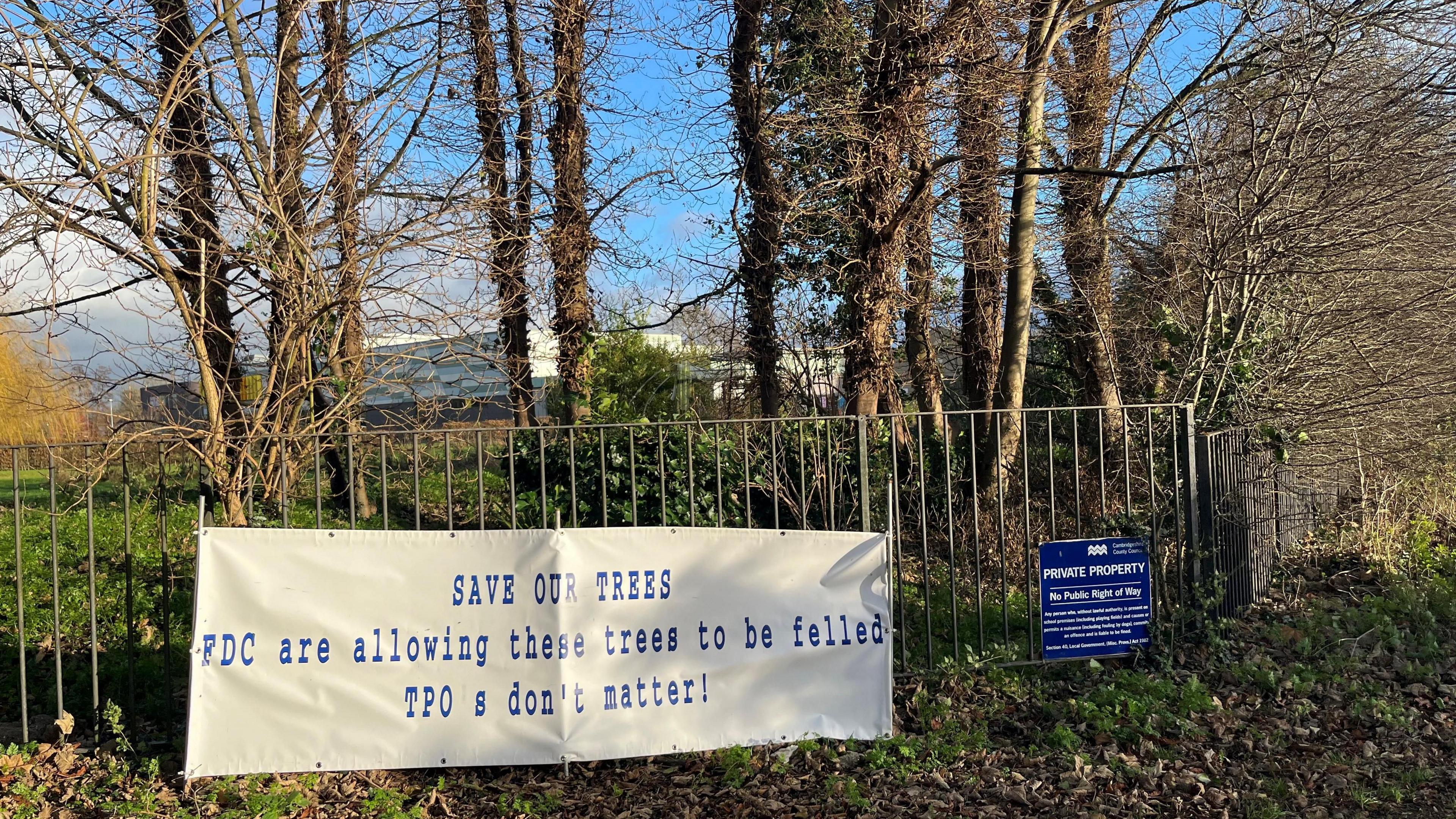 White banner about 2m (6ft) long and 1m (3ft) wide with blue printed writing saying, 'SAVE OUR TREES-FDC (Fenland District Council) are allowing these trees to be felled-TPO's (tree protection orders) don't matter.
There are some trees behind the sign and part of the Neale-Wade Academy can be seen too.