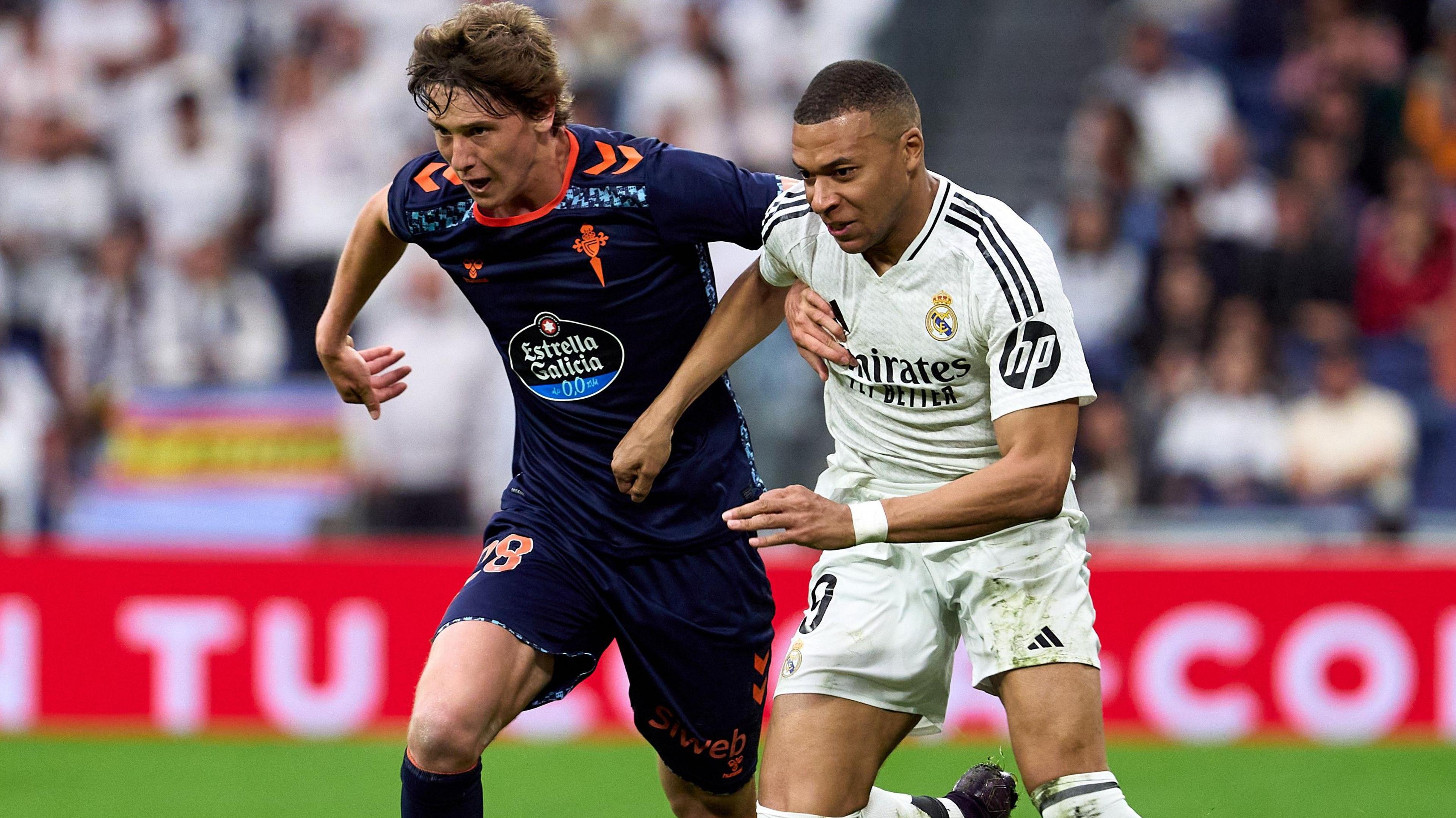 Fer Lopez playing for Celta against Real Madrid's Kylian Mbappe