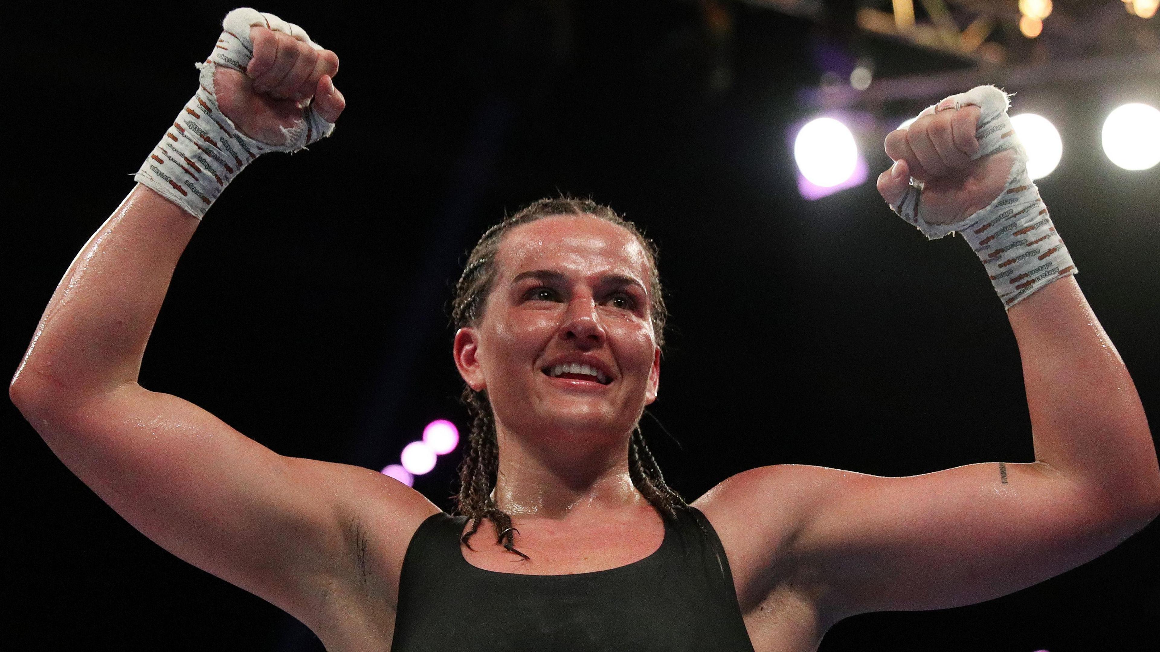 Chantelle Cameron celebrates victory over in Birmingham in 2024