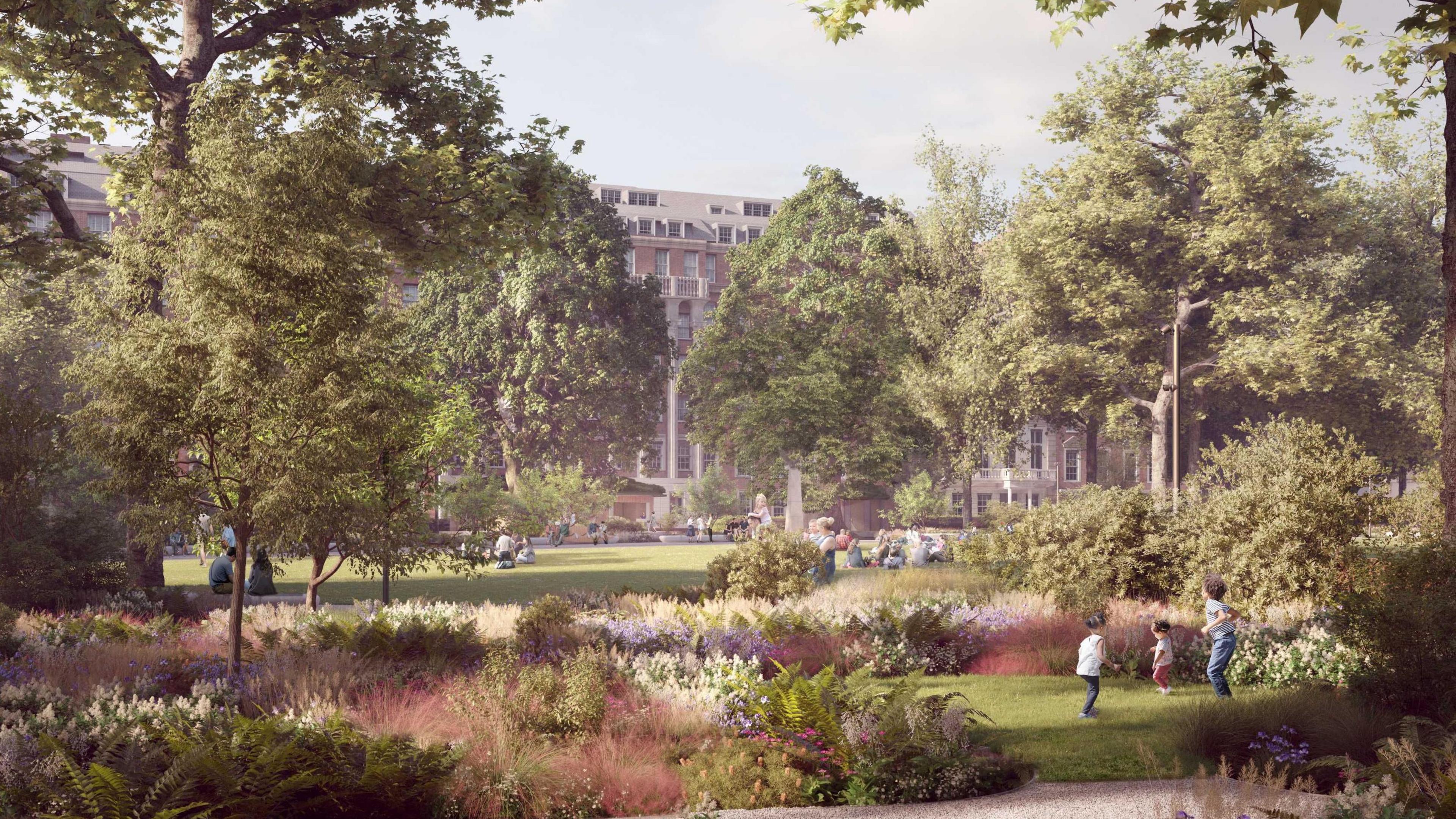 An artist's impression of an urban square with colourful plants and mature trees. Some buildings are visible in the background and children are playing on the right of the image. 