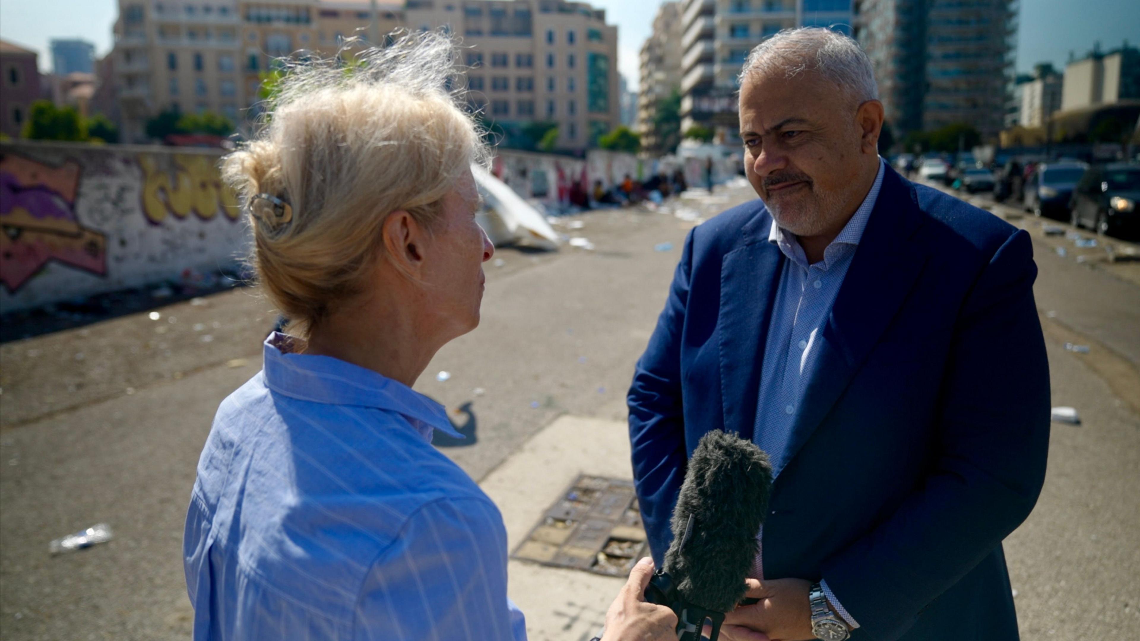 BBC's Orla Guerin (left) talks to Beirut Governor Marwan Abboud