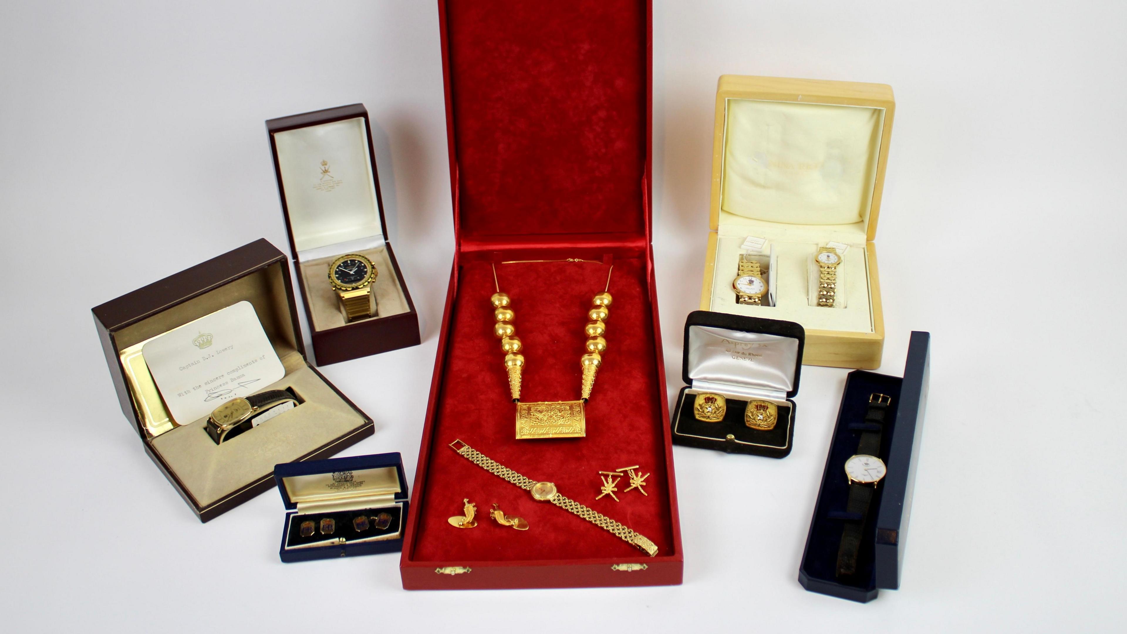 A collection of jewellery items which were gifted to Squadron Leader Denis Lowery which includes six watches, cuff links and a gold necklace. 