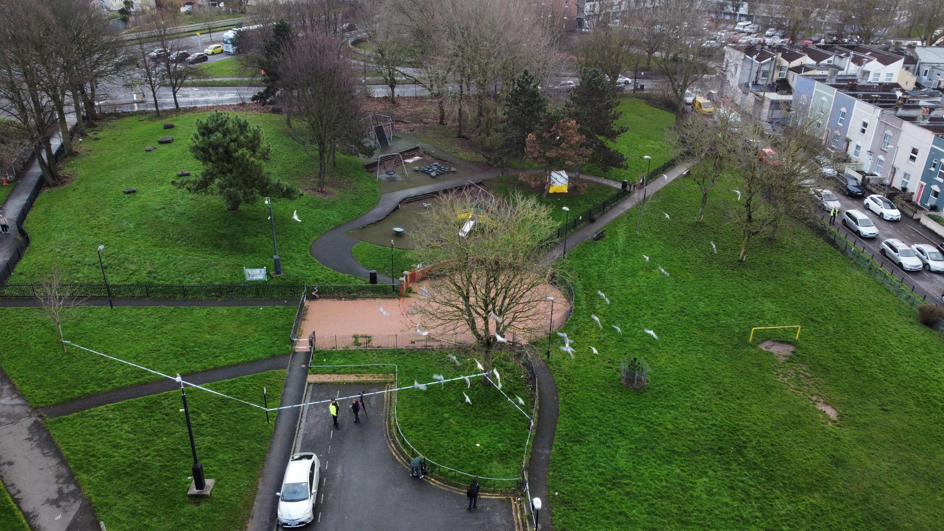 An aerial shot of Rawnsley Park, showing the cordon around the park after the incident