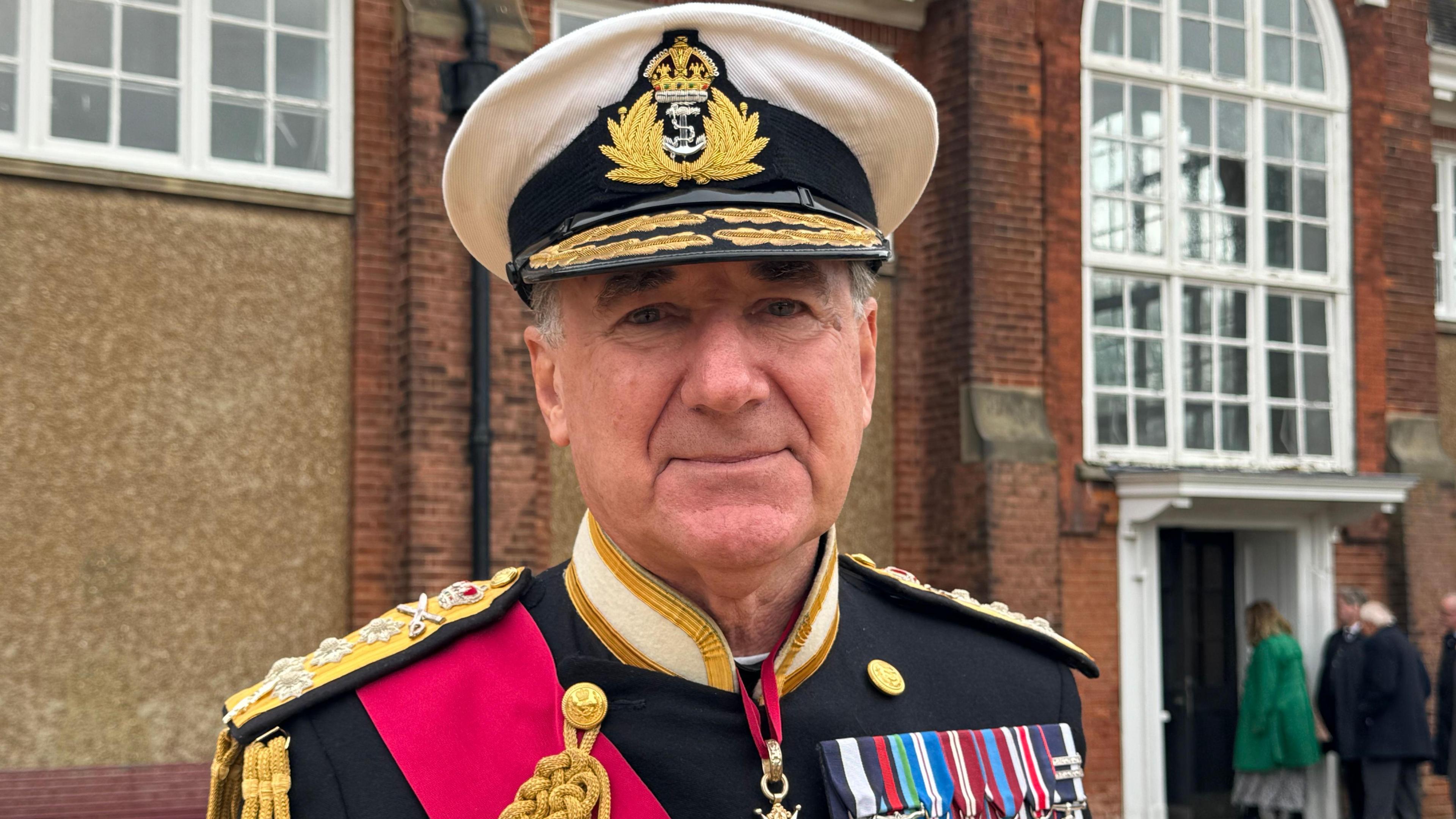 Admiral Sir George Zambellas in full ceremonial uniform at his appointment ceremony for Lord Warden of the Cinque Ports in Dover