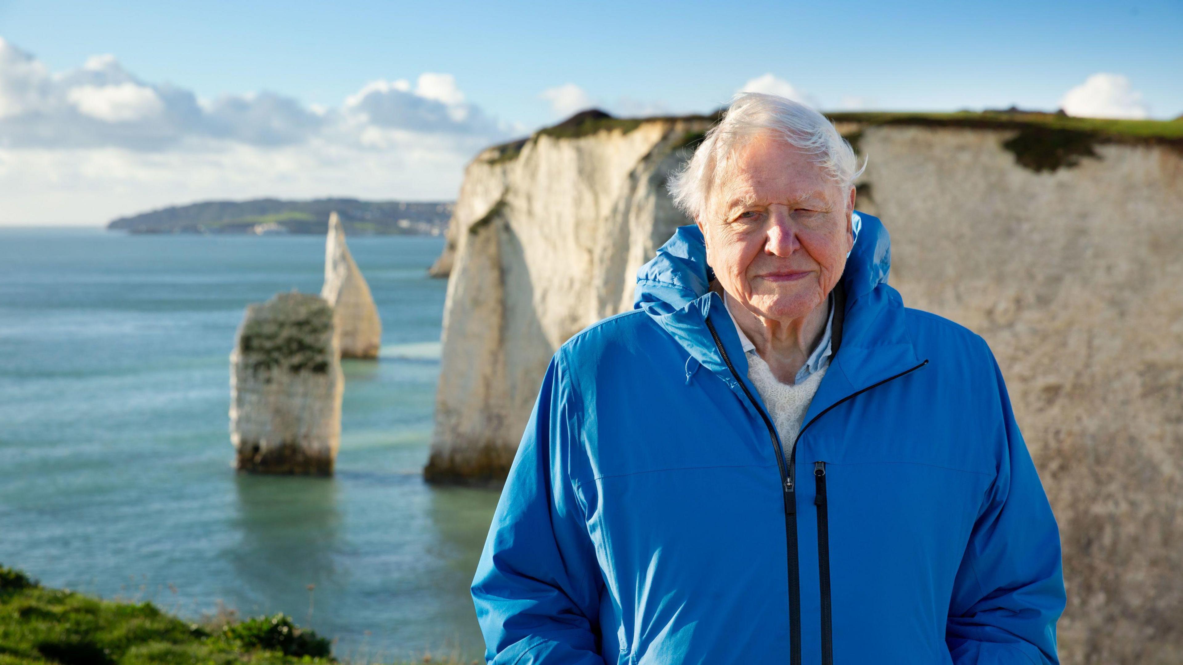 Sir David standing on the coast.