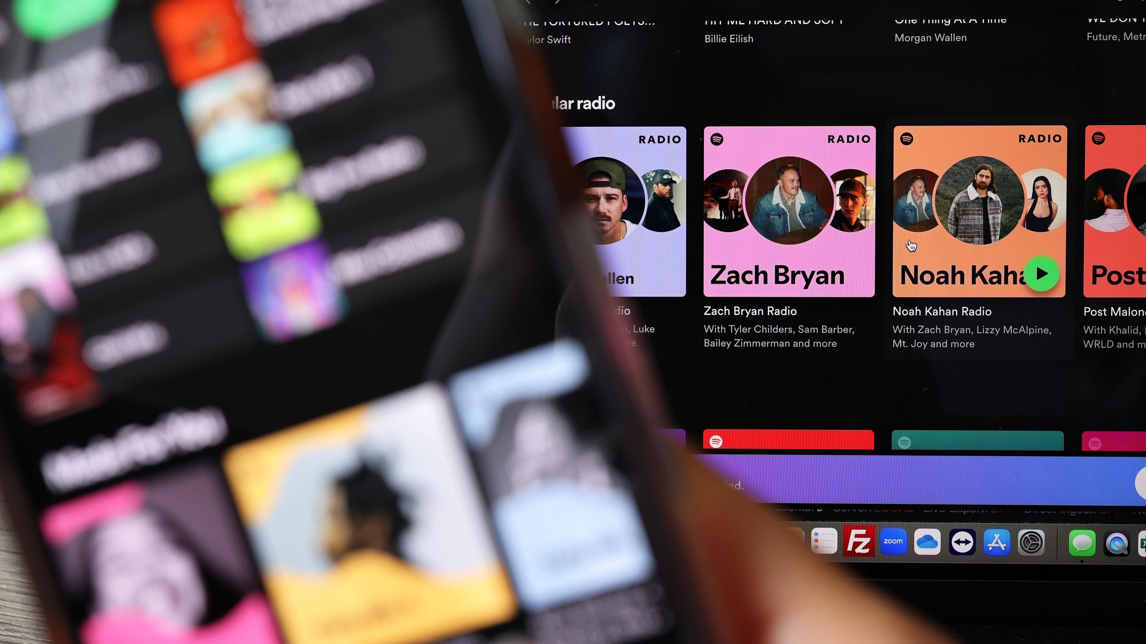 Generic image of Spotify dashboard featuring playlists from Zach Bryan and Noah Kahan. 