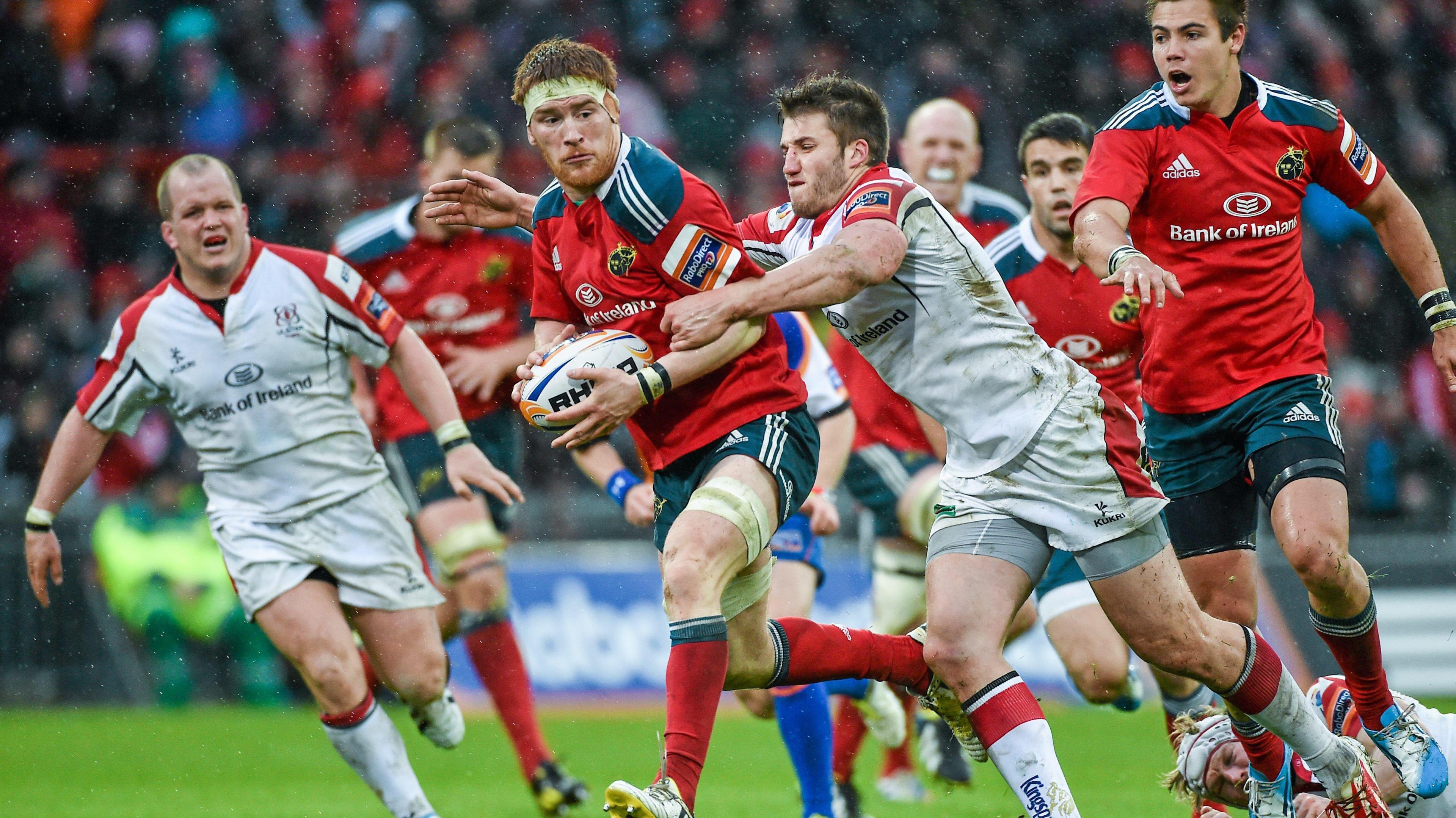 Stuart McCloskey tackles Sean Dougall 