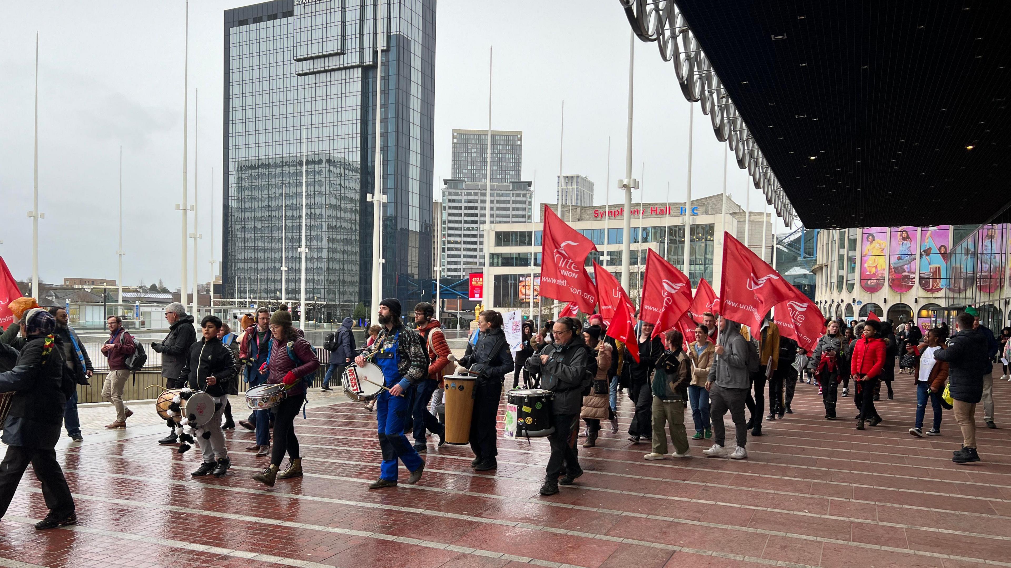 Protestors marching in city centre