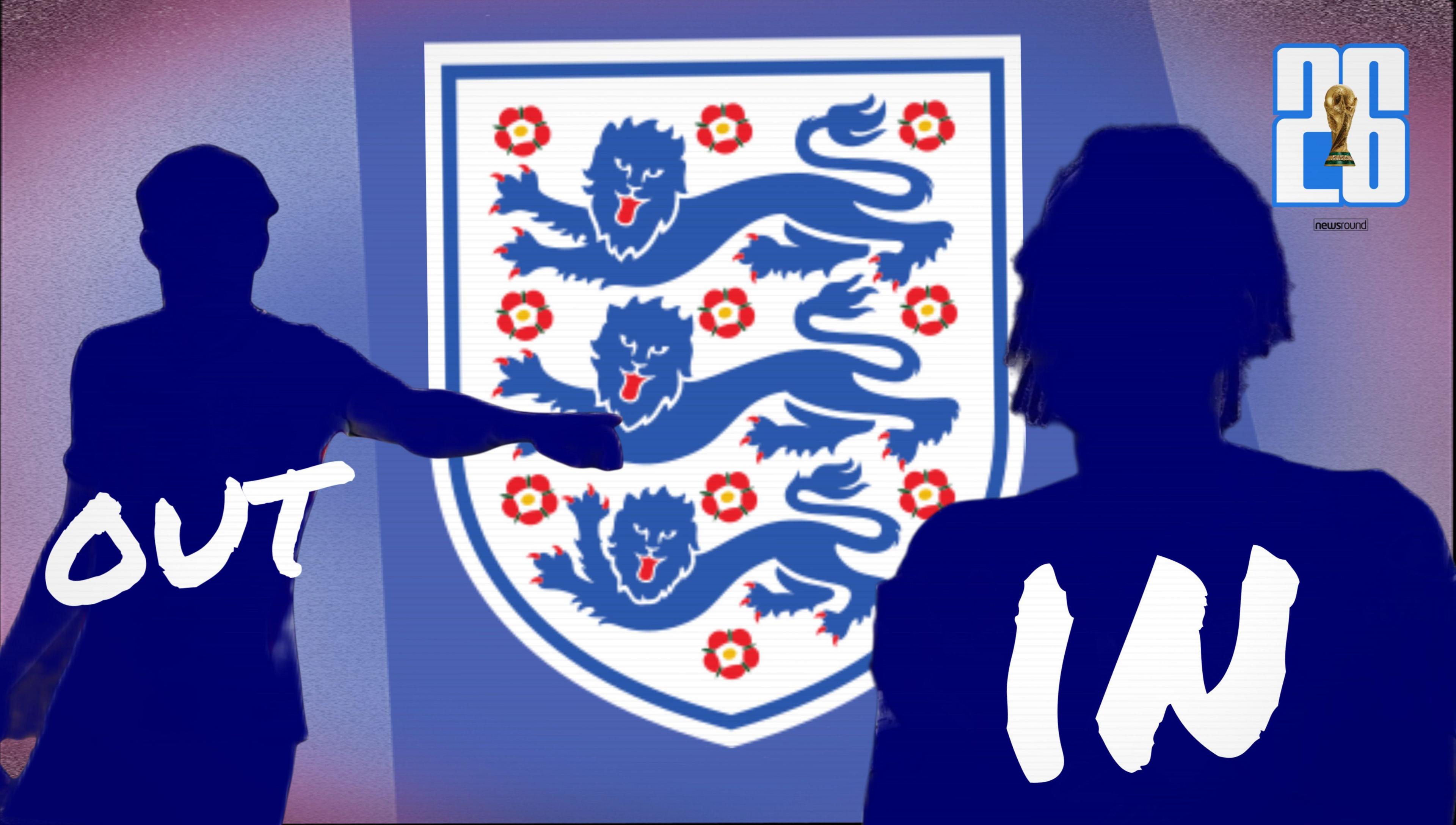 England three lions crest with two player silhouettes with the words out and in. 