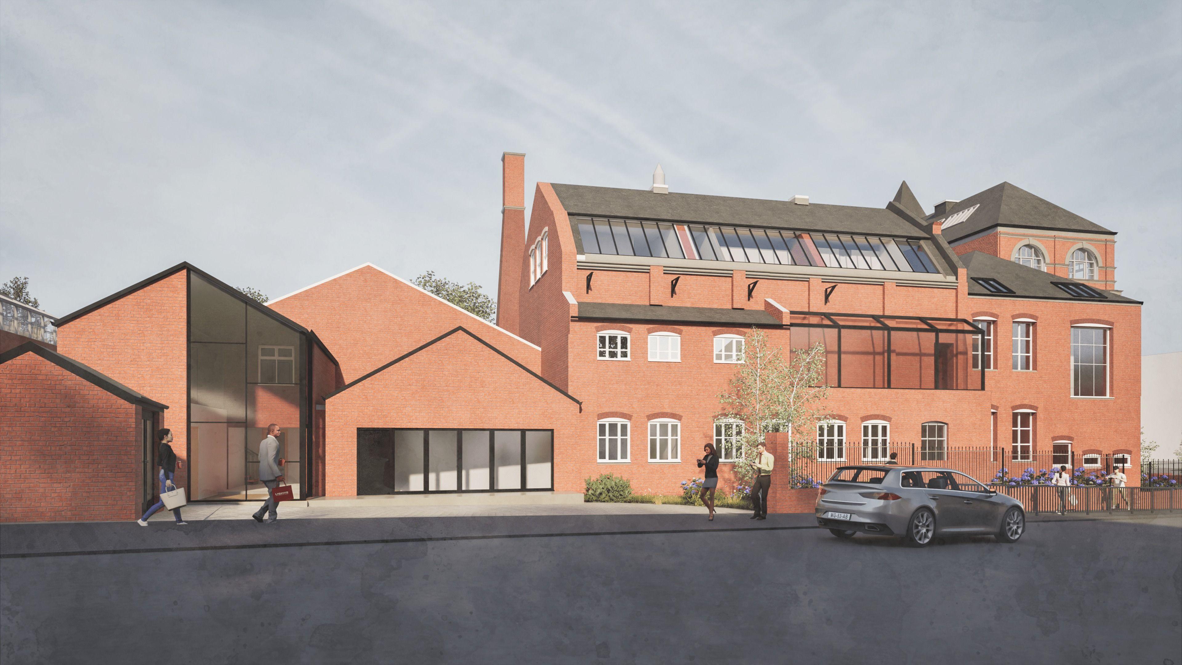 An artist's impression of a redevelopment project. It shows a series of red brick buildings connected with glass corridors and a large half-glass atrium.