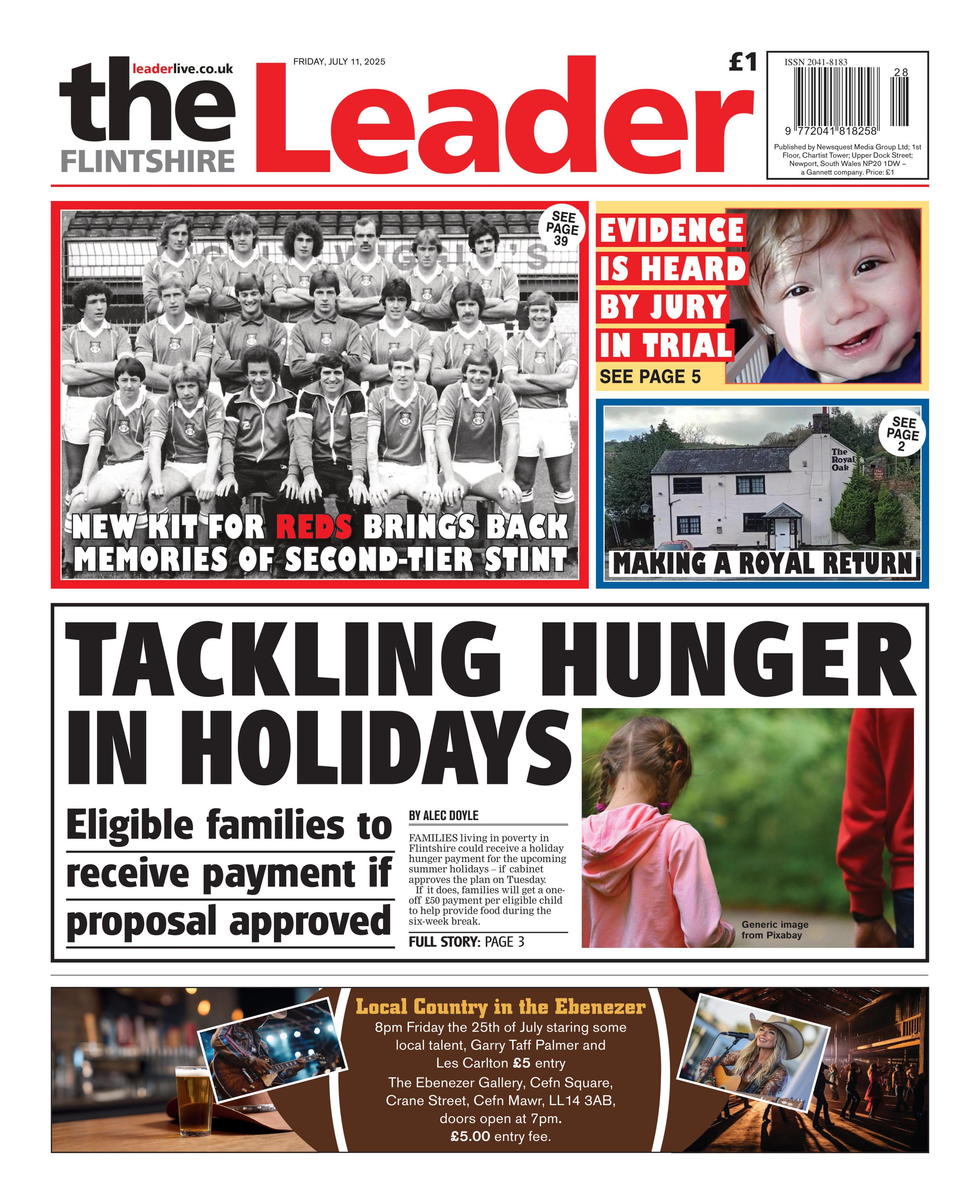 Front page of the Flintshire Leader has a picture of  young girl from the back with her head down in front of a forested area and the headline talking hunger holidays