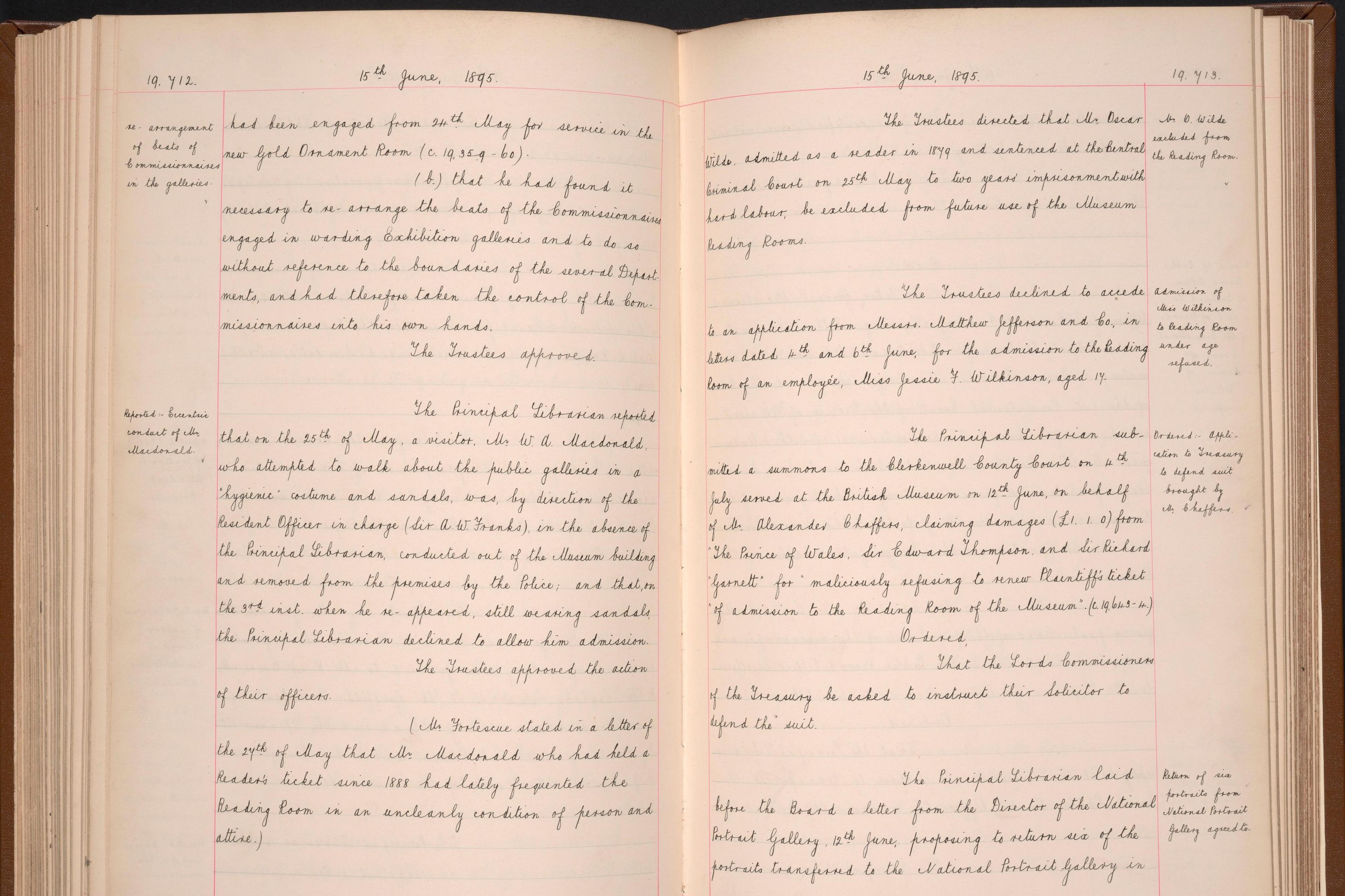 Trustees' papers that noted Wilde's exclusion from the library at the time