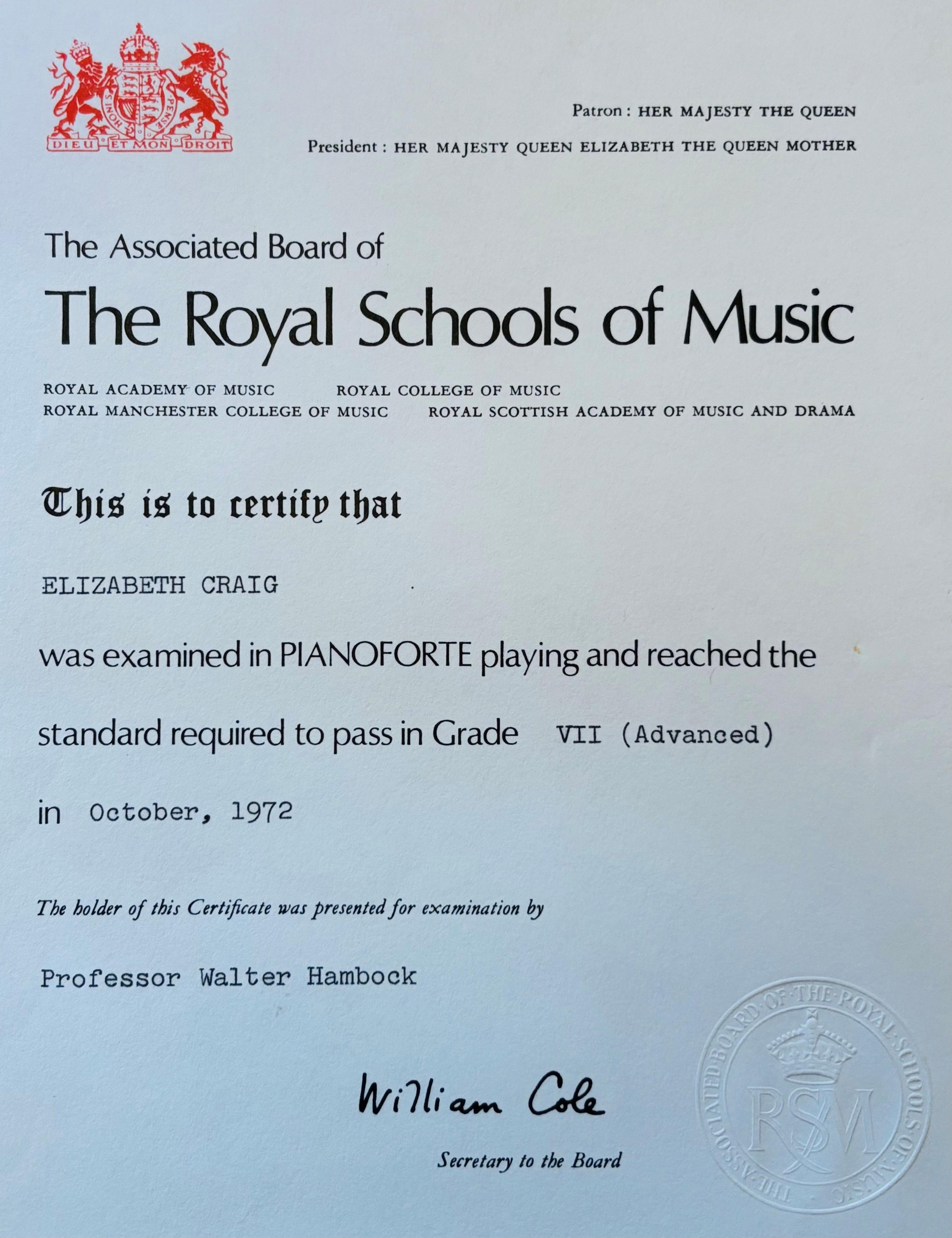 Royal Schools of Music certificate for Elizabeth Craig, presented for examination by Professor Walter 