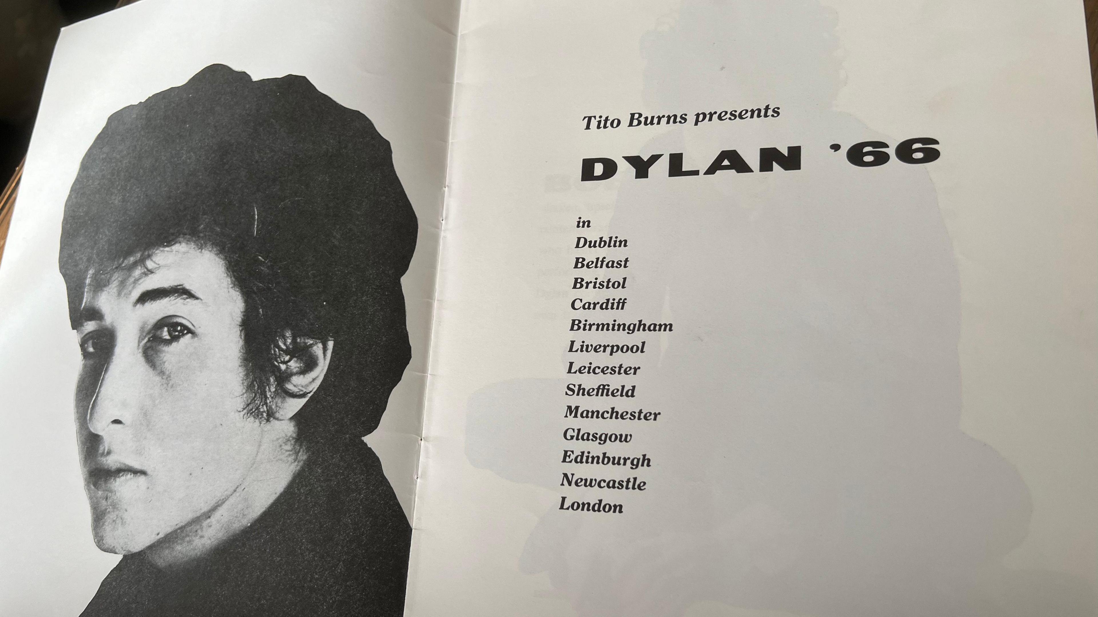 A photo of a programme from the UK leg of the Bob Dylan 1966 world tour, listing the cities involved with a black and white photo of Dylan. It says Tito Burns presents Dylan '66 at the top.