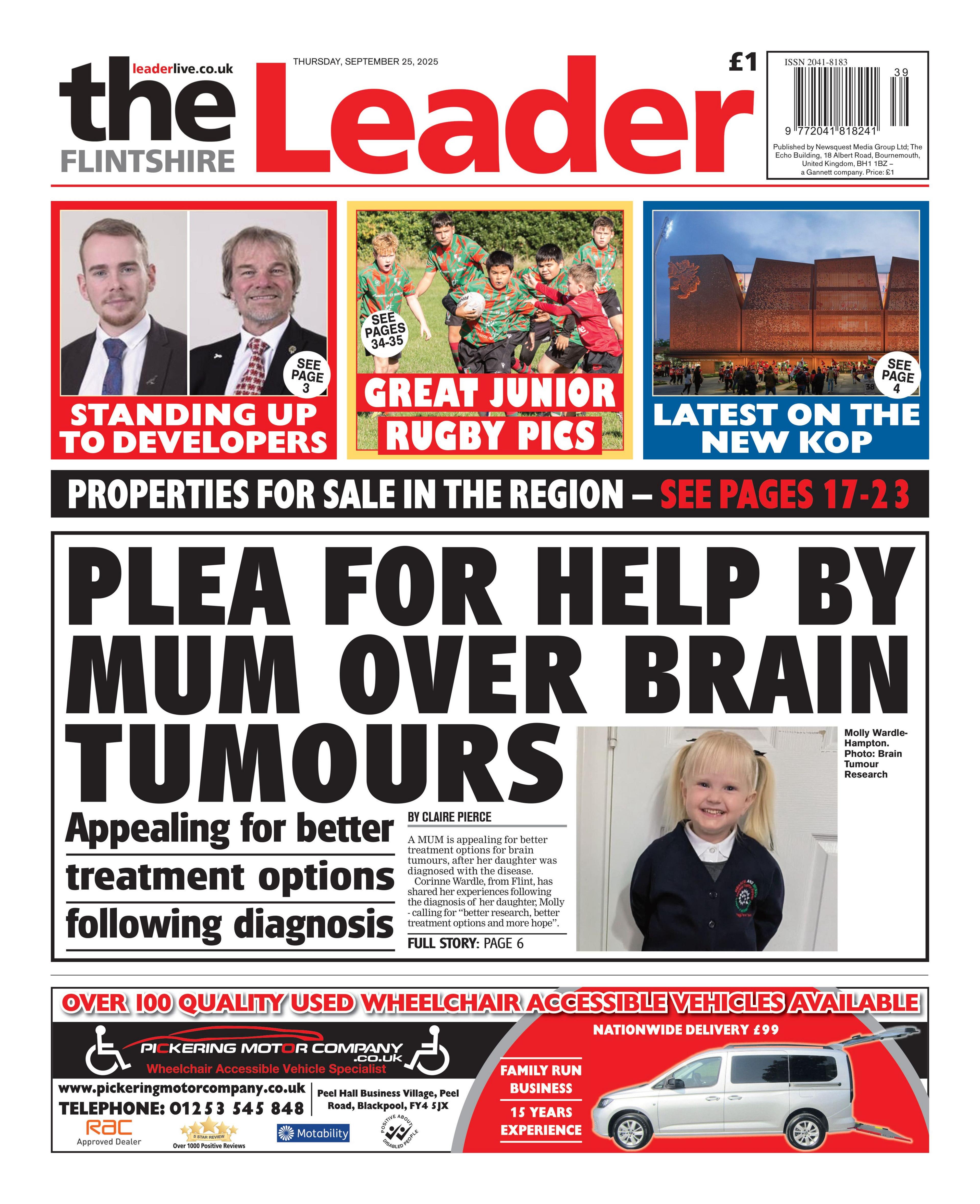 Front page of the Flintshire Leader. Main headline reads: "Plea for help by mum over brain tumours": Appealing for better treatment options following diagnosis. Other headlines read: "Standing up to developers". 