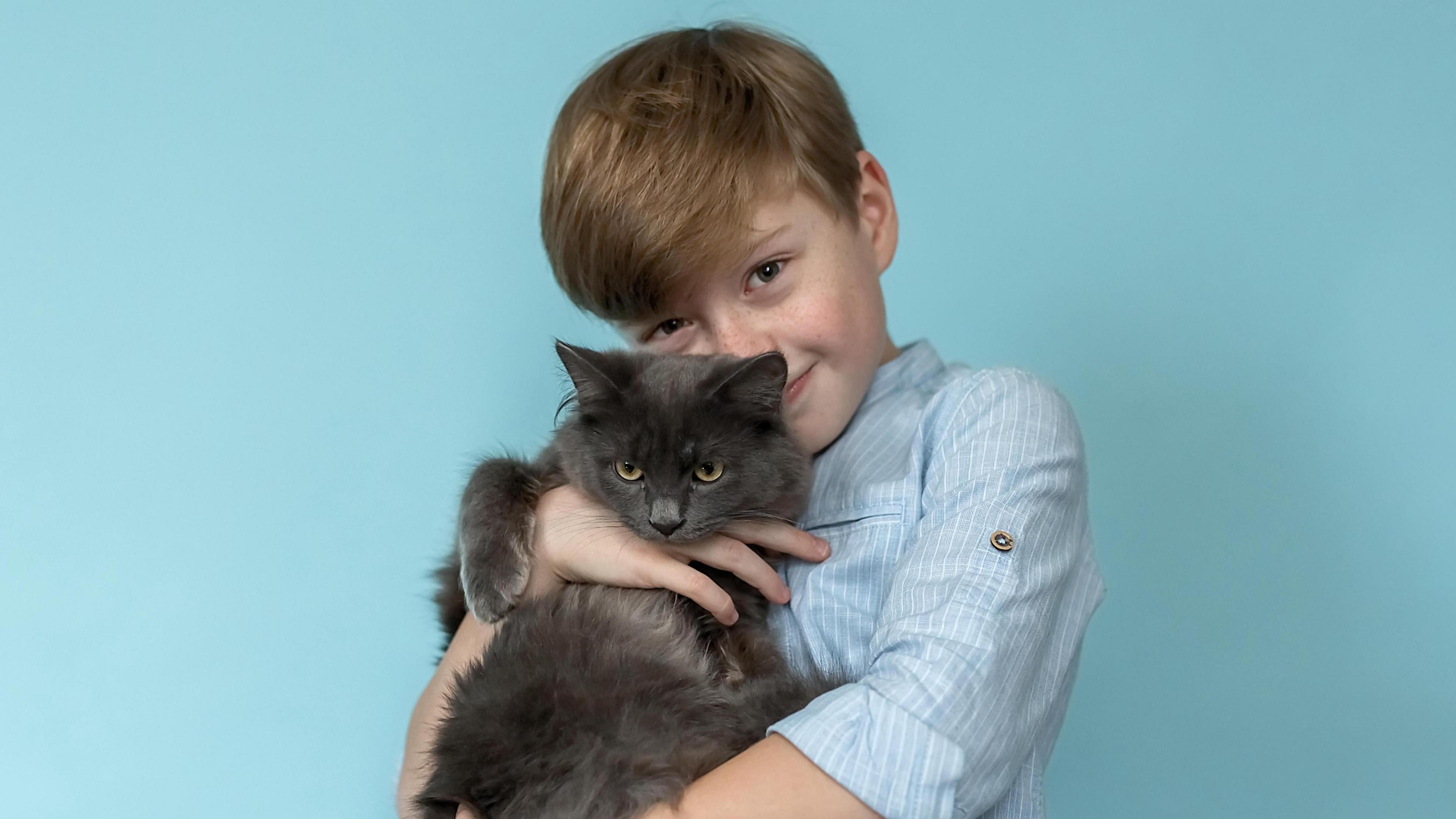 A boy with freckles across his nose and light brown hair in a sweeping fringe across his forehead looks into the camera. He is standing in front of a light blue background and wearing a light blue and thin white striped shirt. He is holding a medium sized dark grey fluffy cat in his arms, hugging it close to his chest. The cat is looking into the distance and has yellow eyes