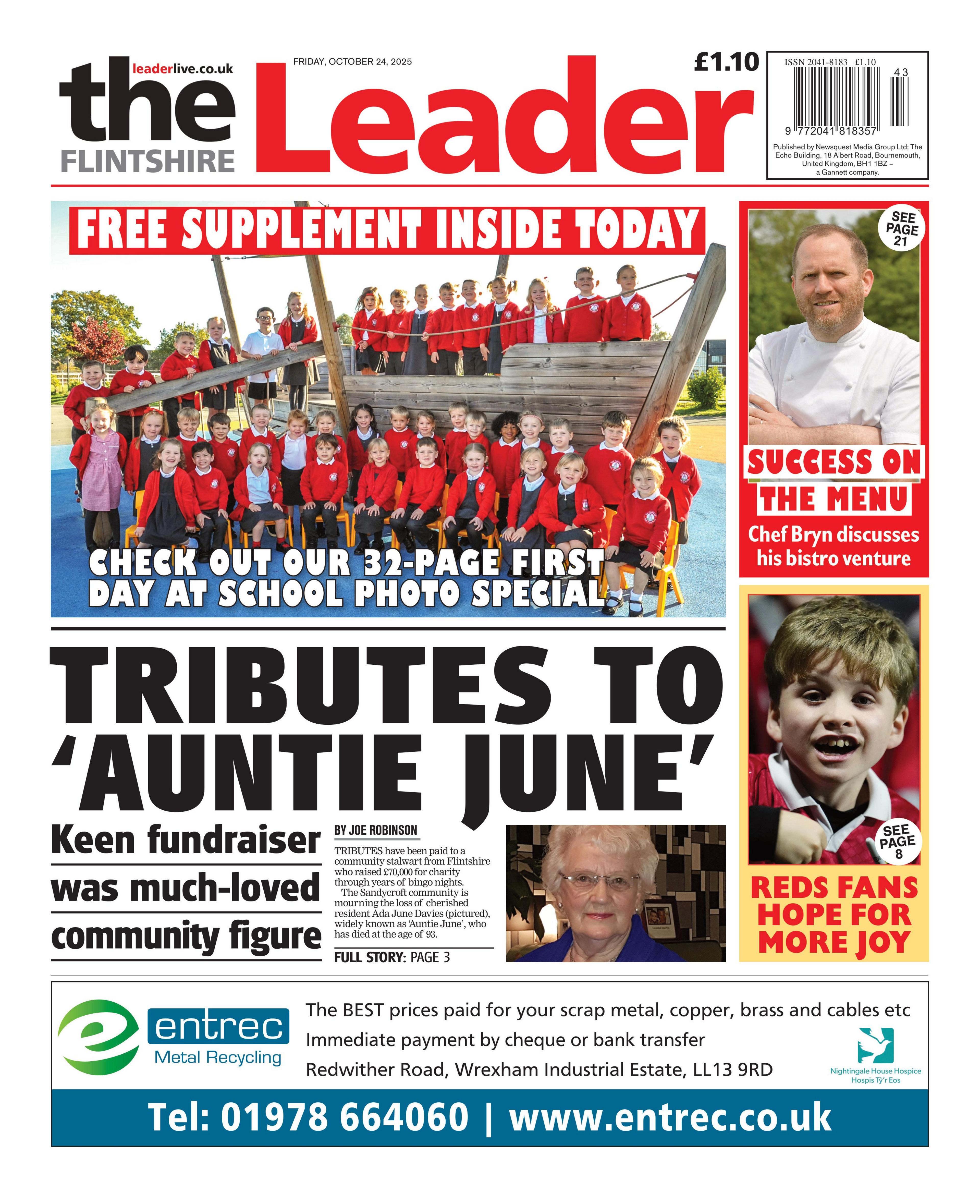 Front page of the Flintshire Leader. Main headline: Tributes to 'Auntie June' Keen fundraiser was much-loved community figure. An image above that of school children, with the headline 'check out our 32-page first day at school photo special'