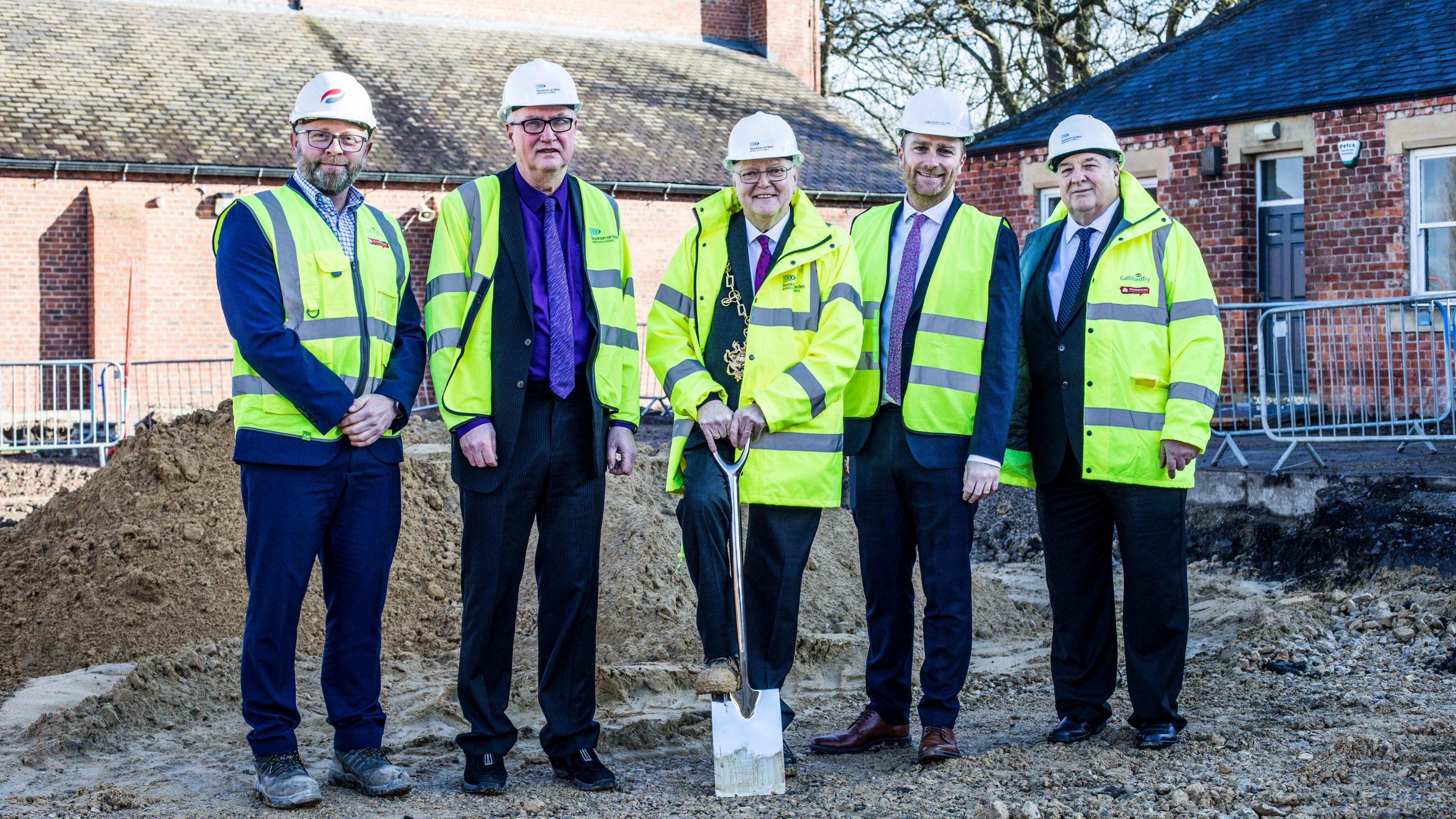 Left to right: (L-R): Jeremy Barnett, Esh Construction, Cllr Steve Nelson, Cllr Jim Beall, Mayor of Stockton-on-Tees, Matt Vickers MP, Cllr Bob Cook