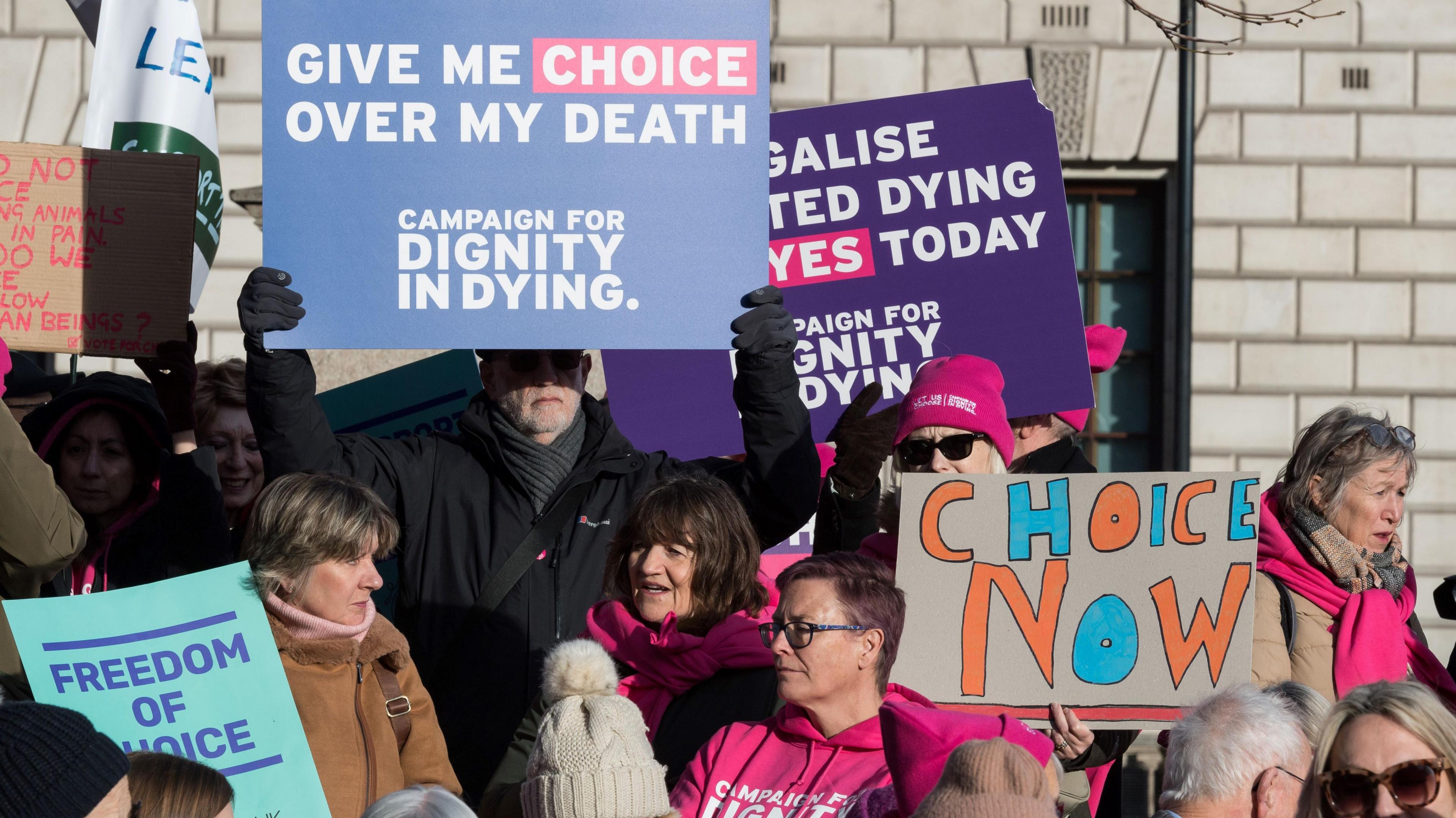 Campaigners gather in Parliament Square to demonstrate their support for assisted dying as Kim Leadbeater MP's bill in November 2024.