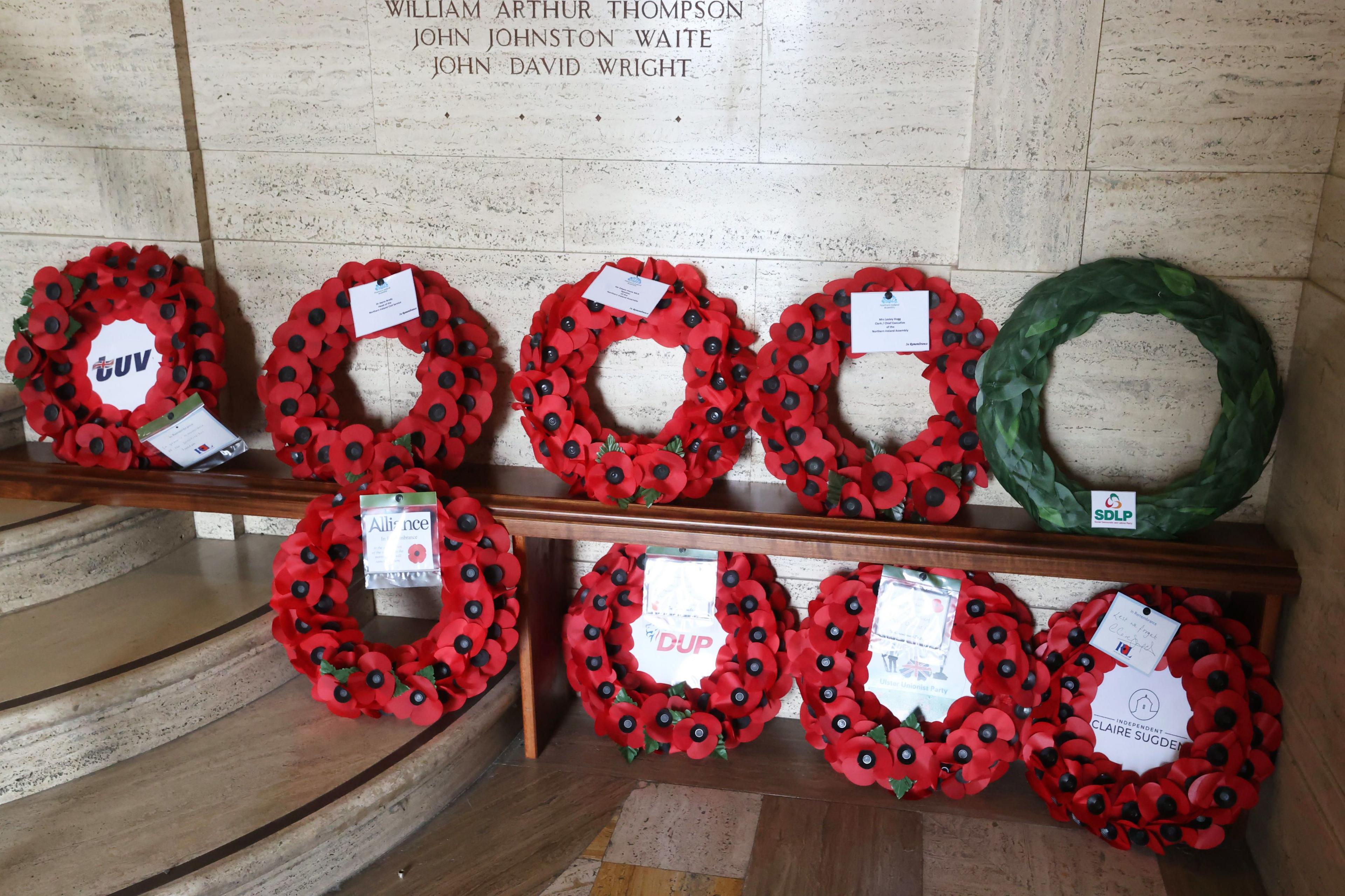 Wreaths during a ceremony to mark Armistice Day at Parliament Buildings in Stormont, Belfast.