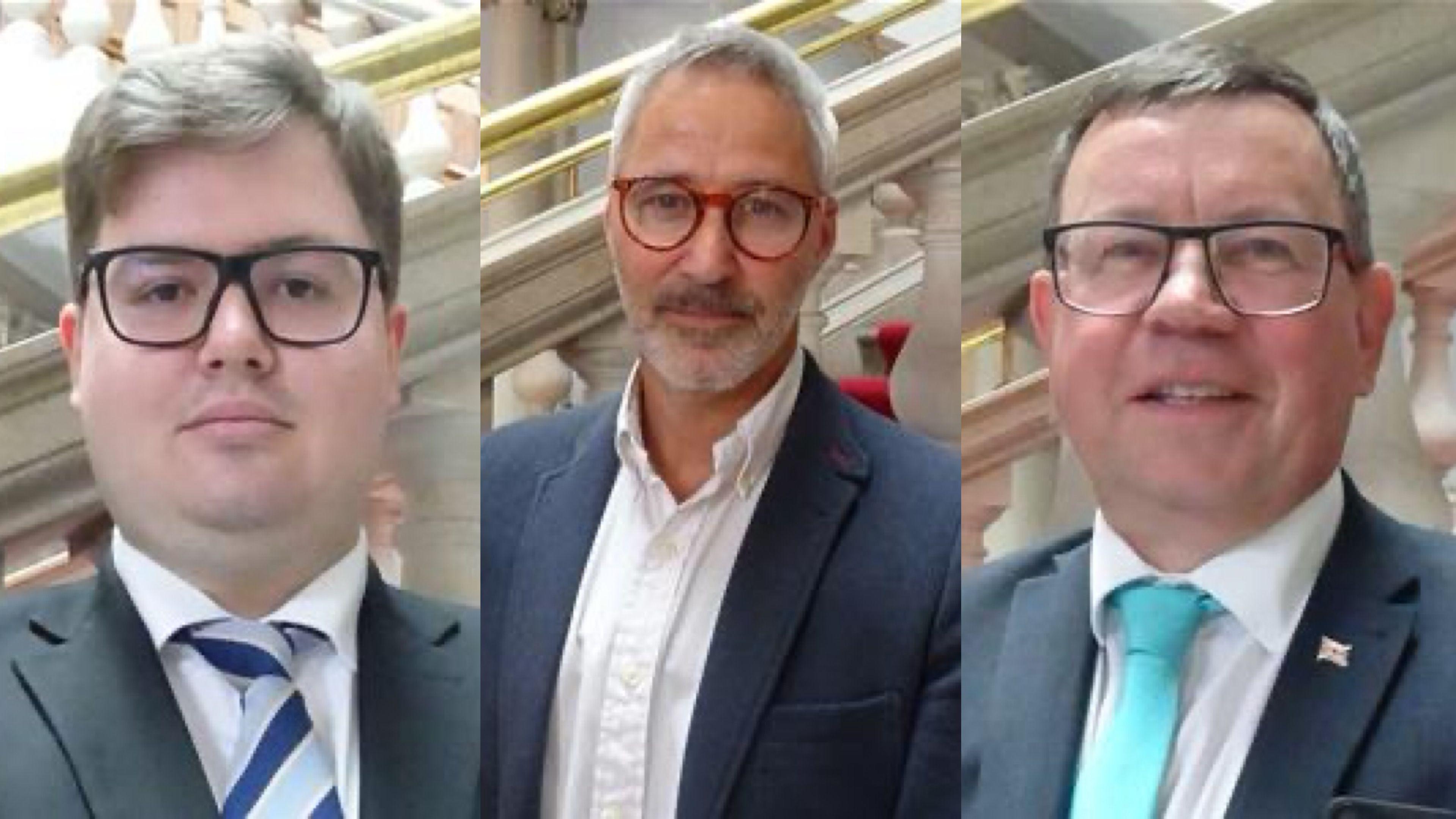 Three images side-by-side of men in navy suits standing in front of a stone staircase.