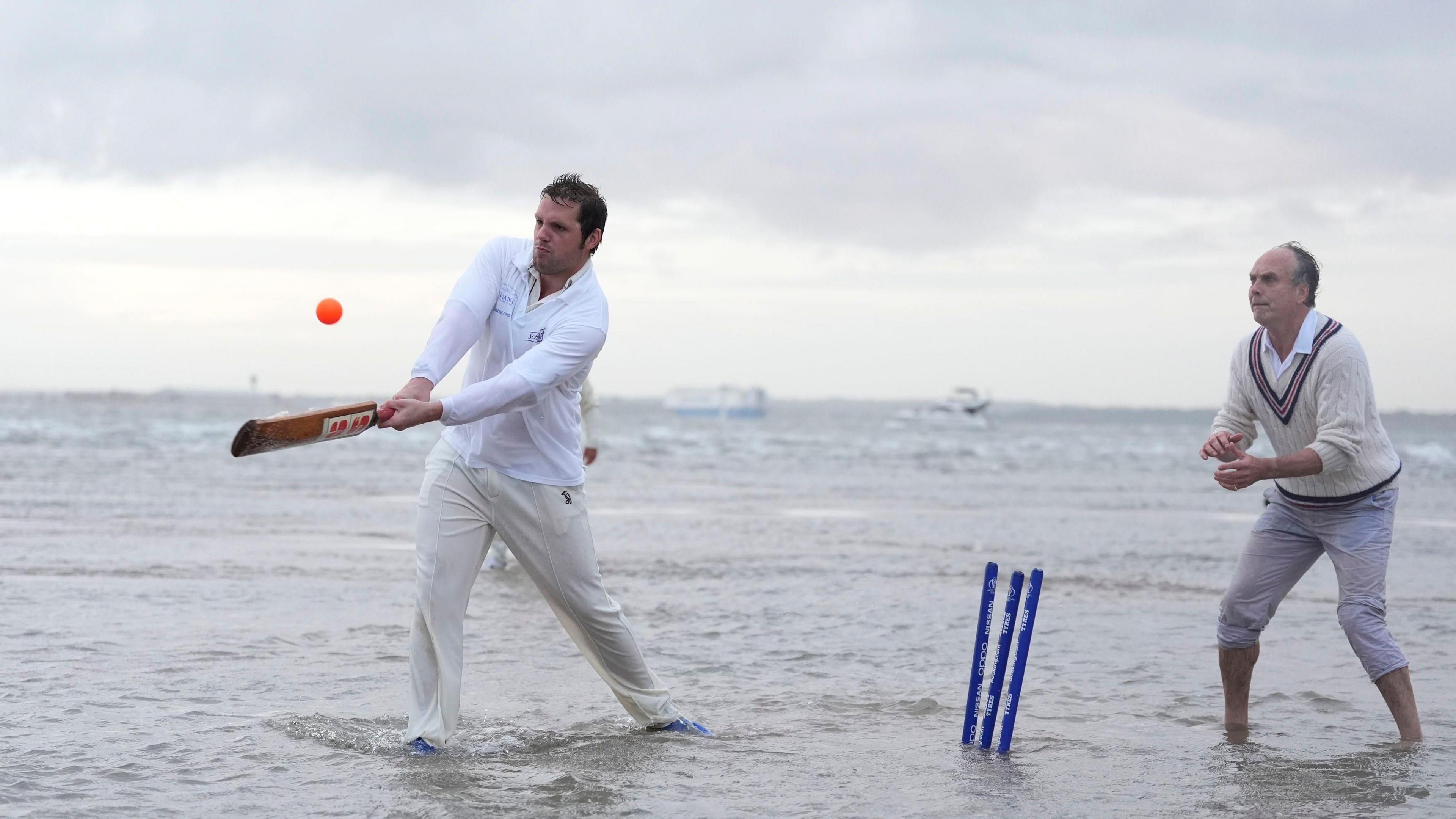 Members of the Royal Southern Yacht Club and the Island Sailing Club take part in the annual Brambles cricket match on the Bramble Bank sandbank in the middle of the Solent at low tide. Picture date: Thursday September 11, 2025. PA Photo. 