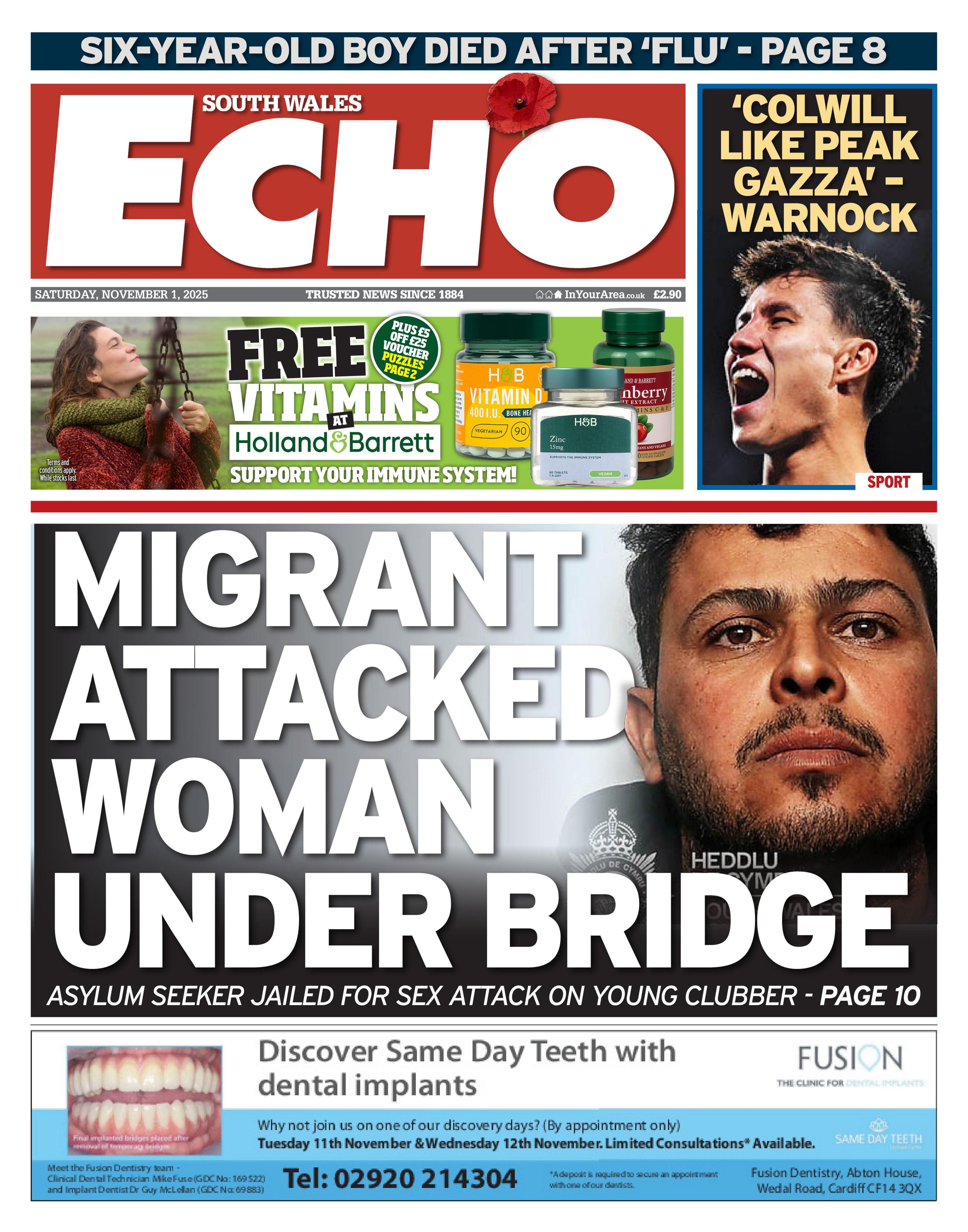 Main headline: Migrant attacked woman under bridge; Asylum seeker jailed for sex attack on young clubber. Next to a photo of a man with a beard and dark hair.