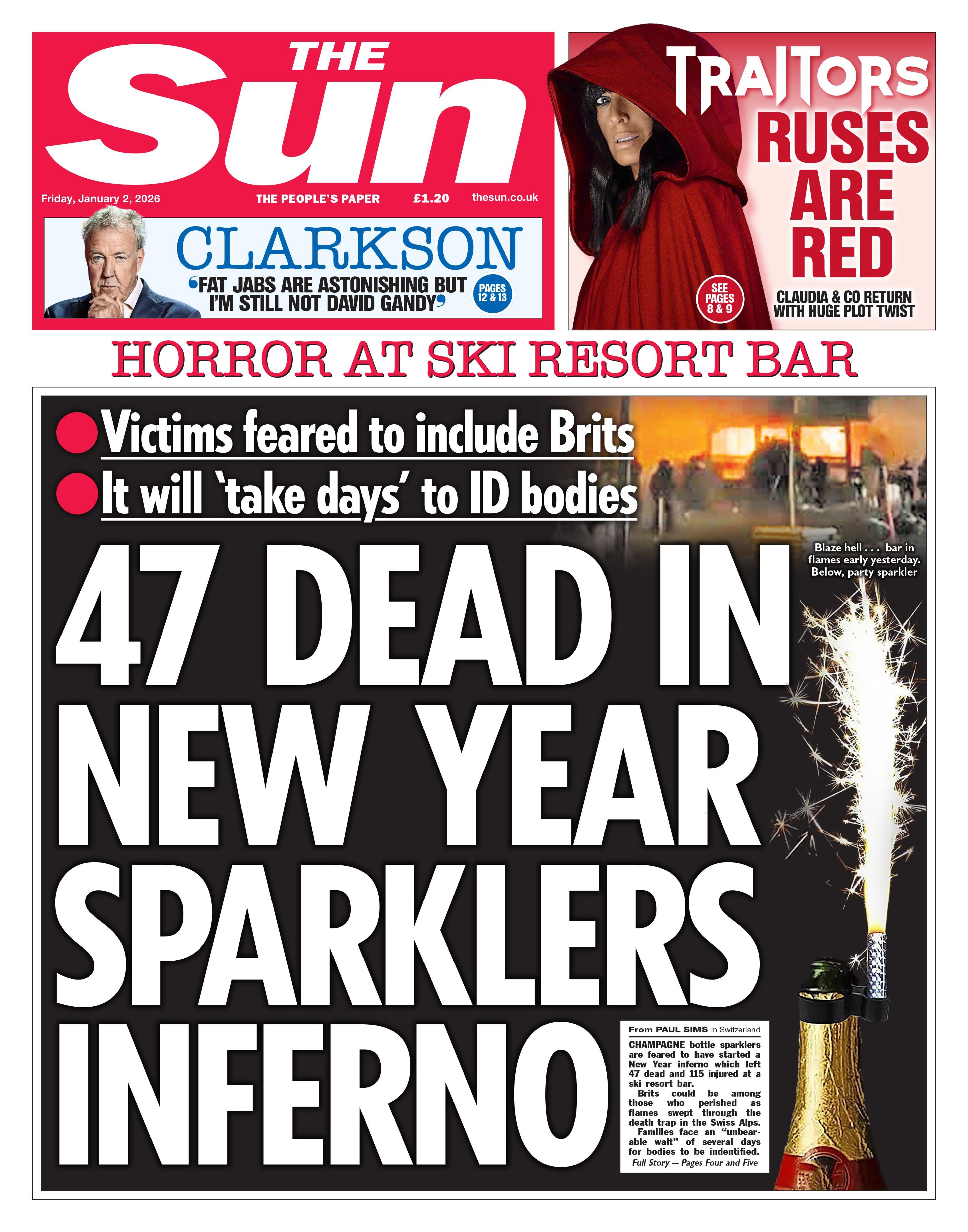 Titulli në faqen e parë të gazetës The Sun thotë: "47 të vdekur në zjarrin e fishekzjarrëve të Vitit të Ri".