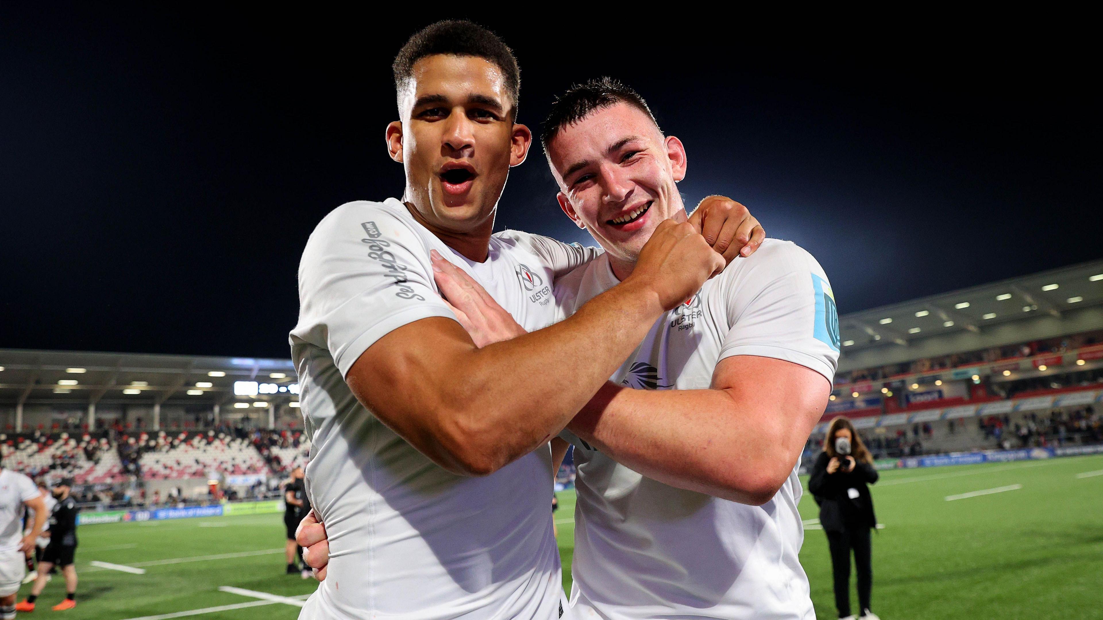 Cormac Izuchukwu and Harry Sheridan celebrate the Ulster win over Glasgow