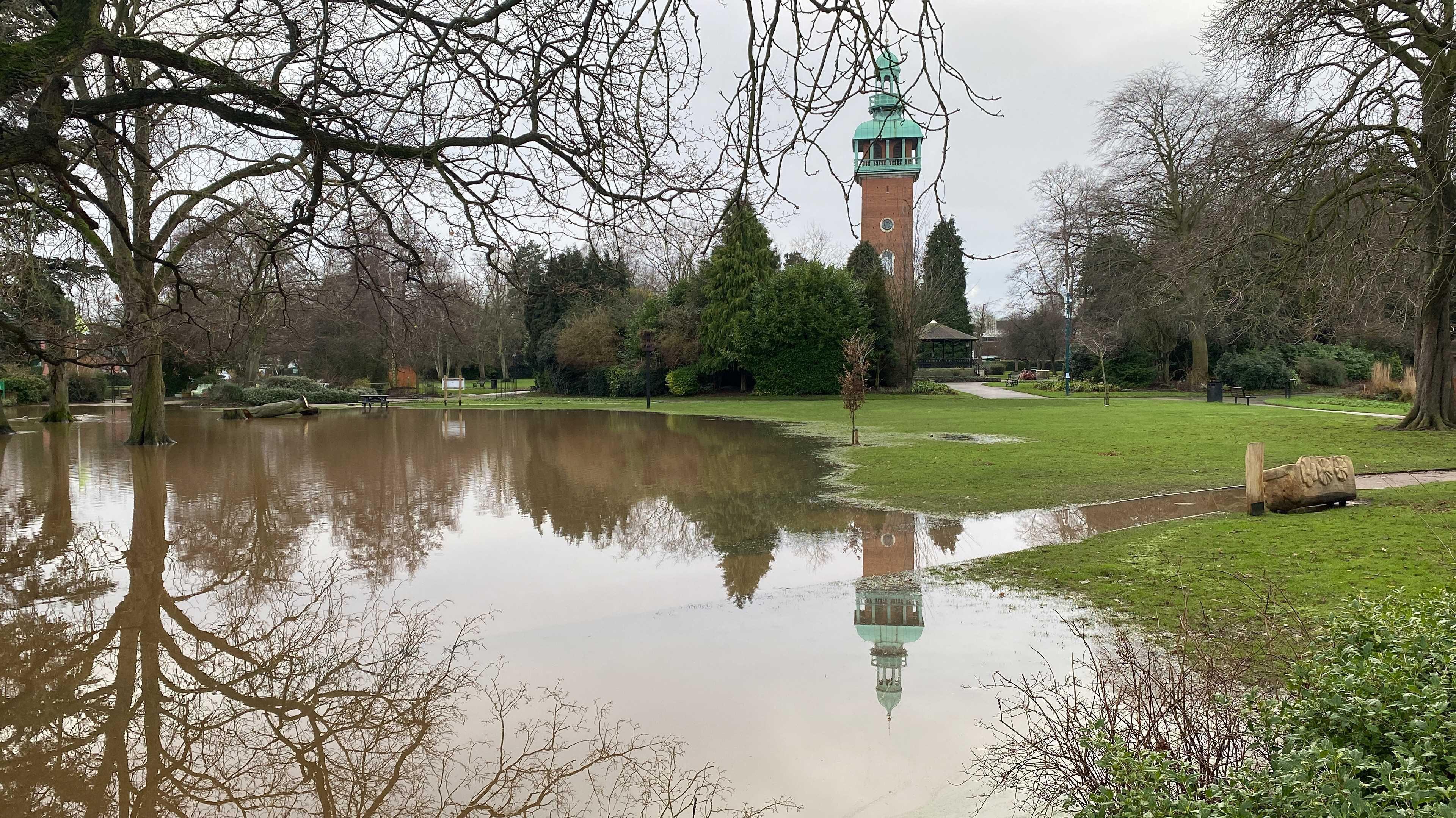 Grass in Queen's Park covered by a layer of water