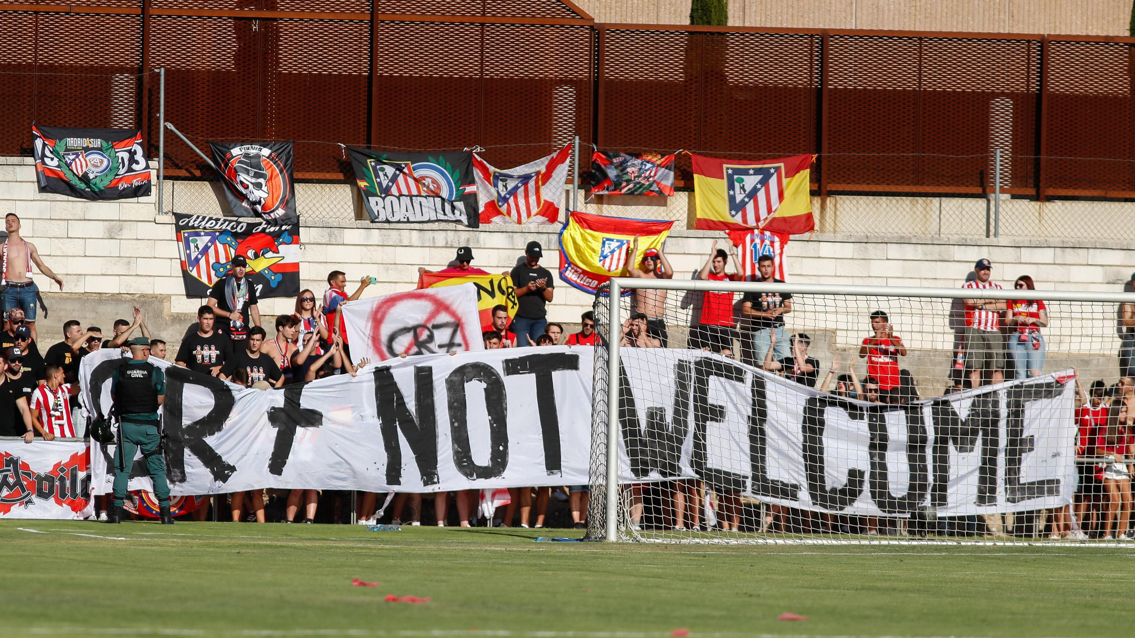 Atletico Madrid fans display a banner saying 'CR7 not welcome'